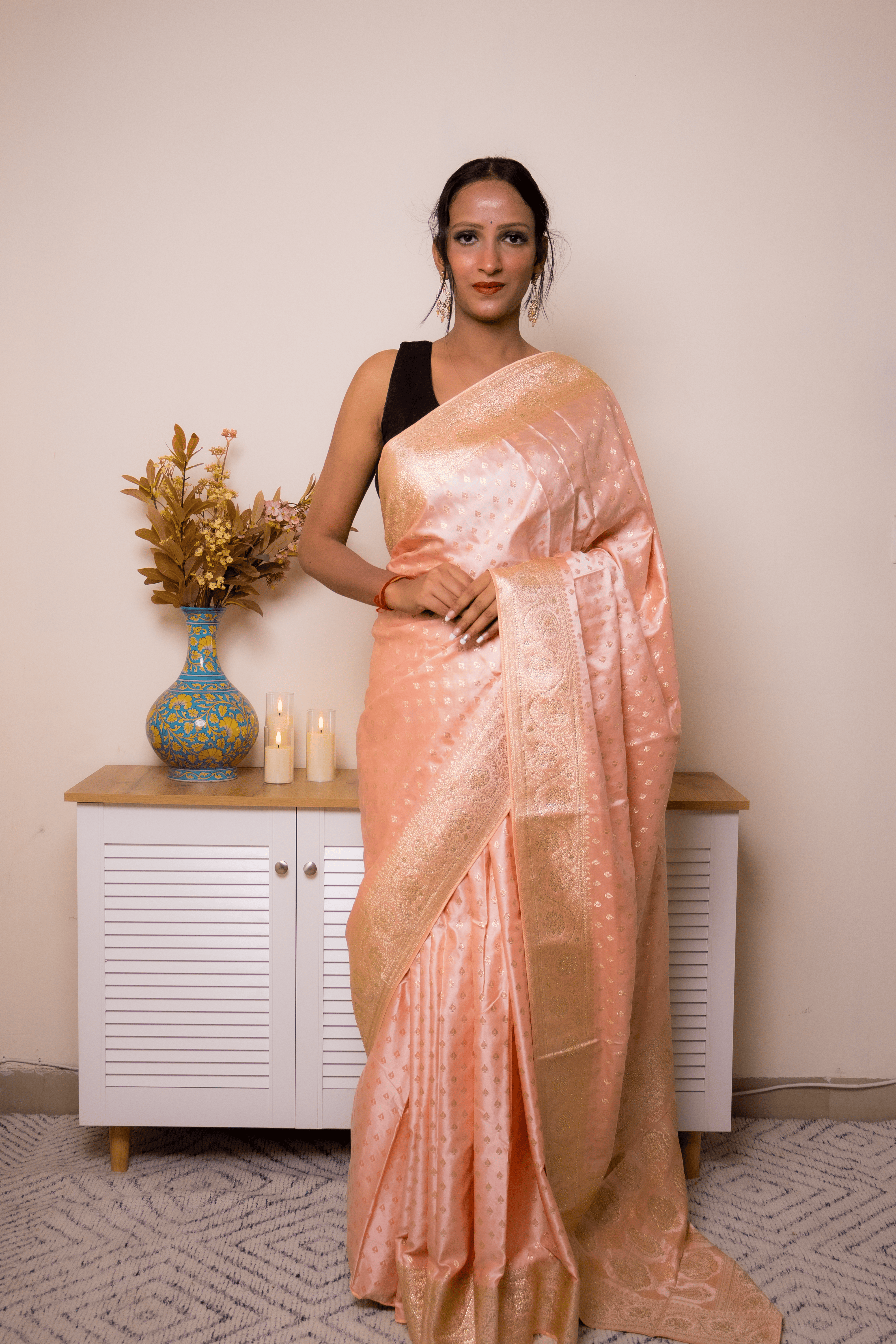 Peach Banarasi Silk Saree with Gold Zari Border - IMG_1061
