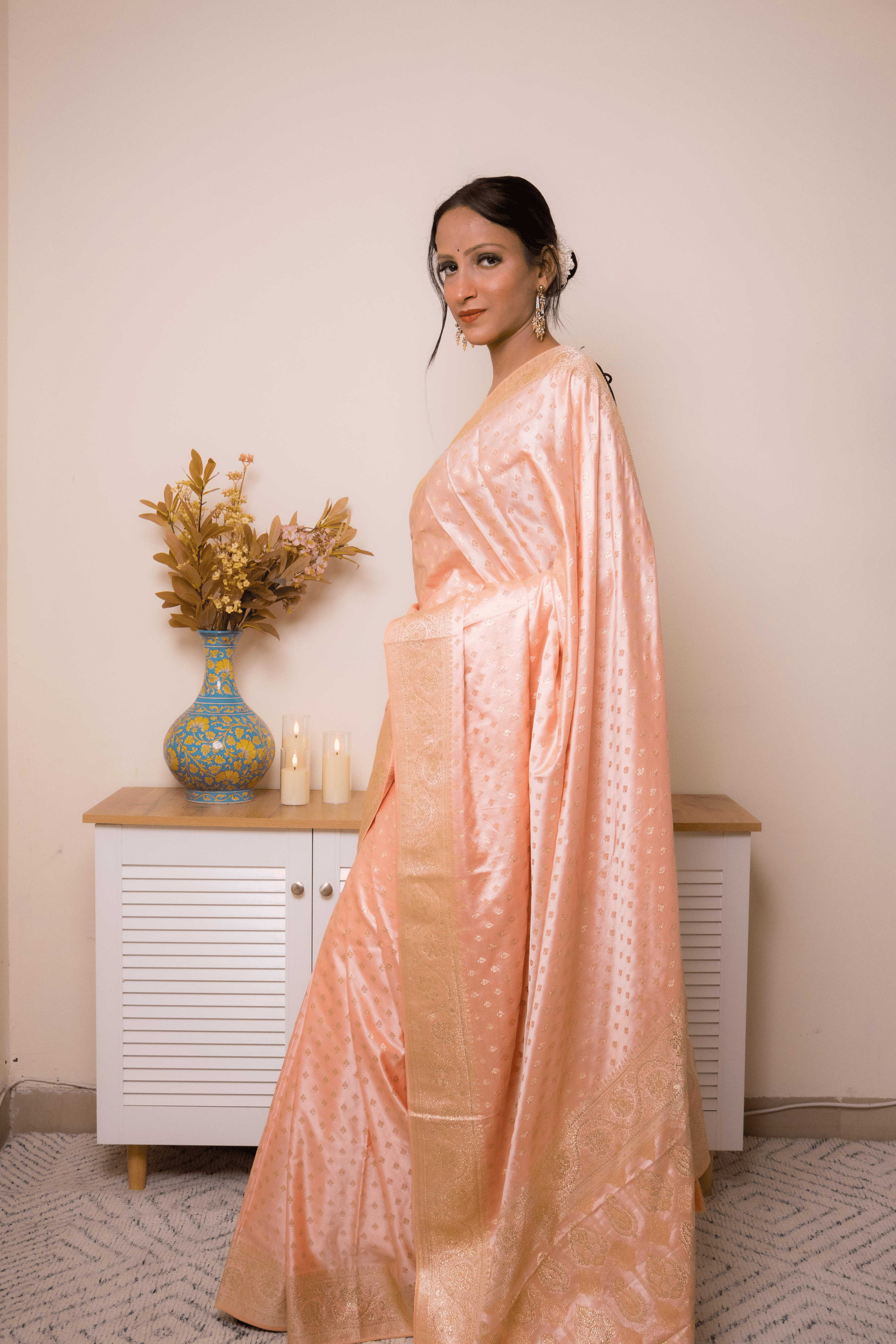 Peach Banarasi Silk Saree with Gold Zari Border - IMG_1065