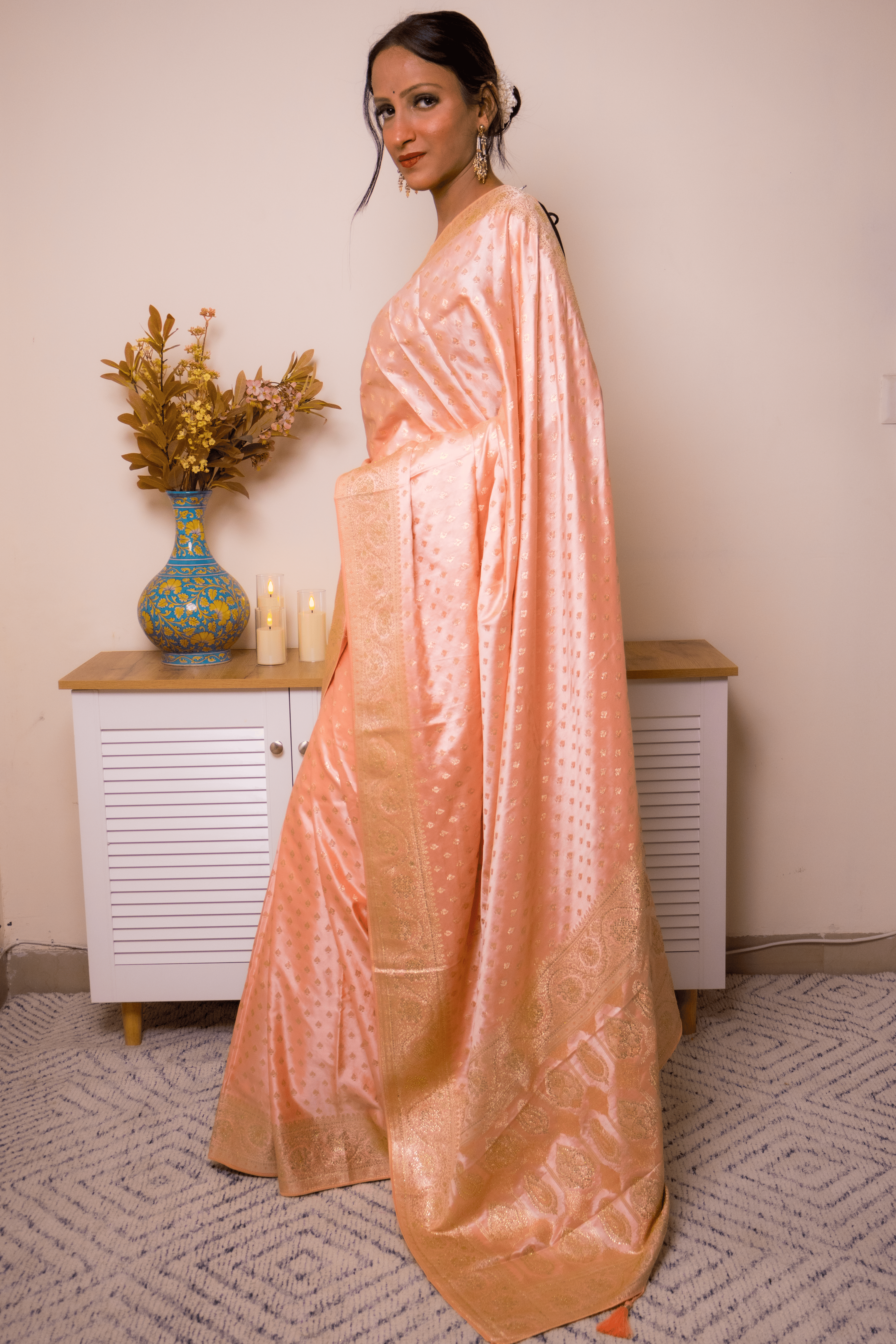 Peach Banarasi Silk Saree with Gold Zari Border - IMG_1066