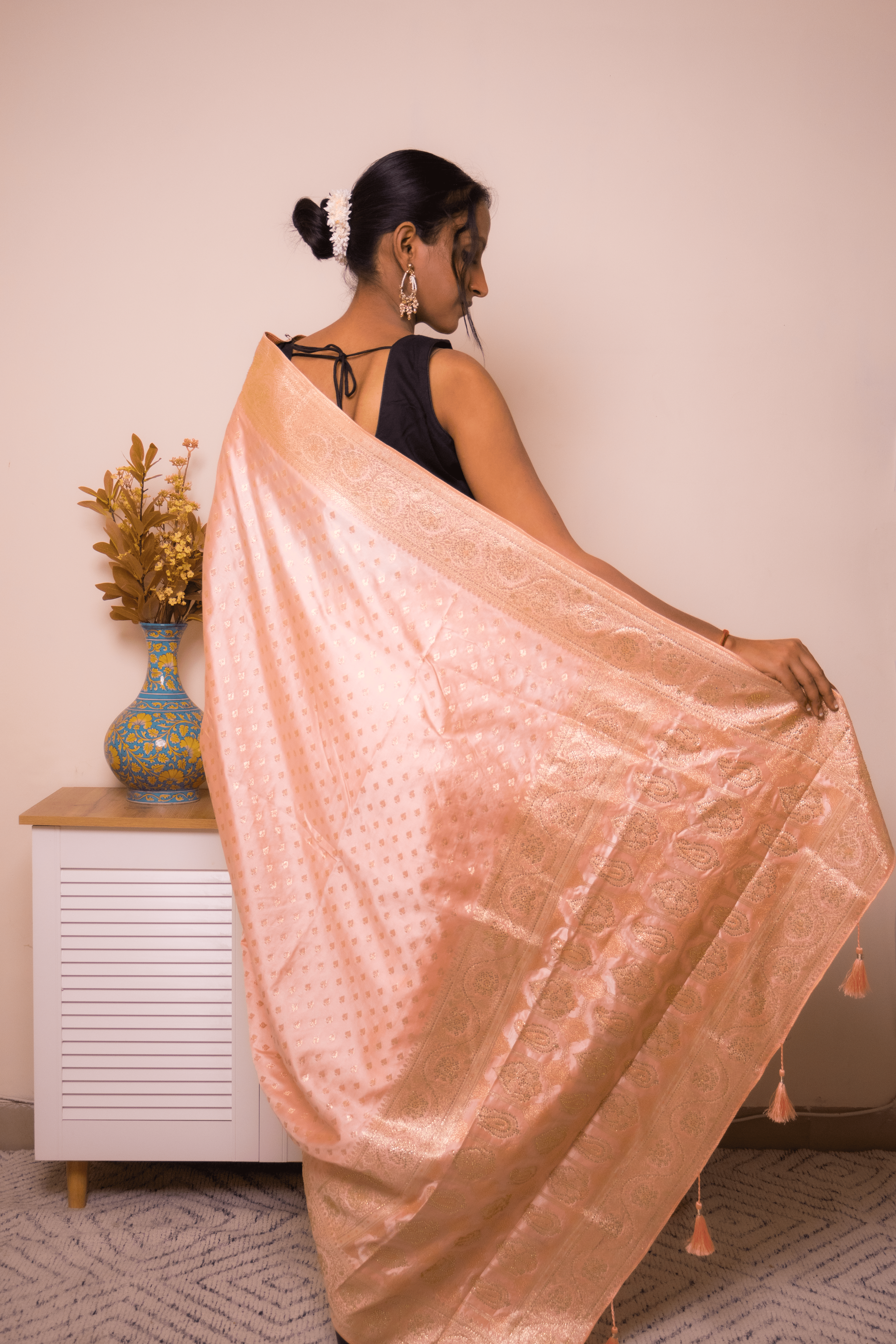 Peach Banarasi Silk Saree with Gold Zari Border - IMG_1068