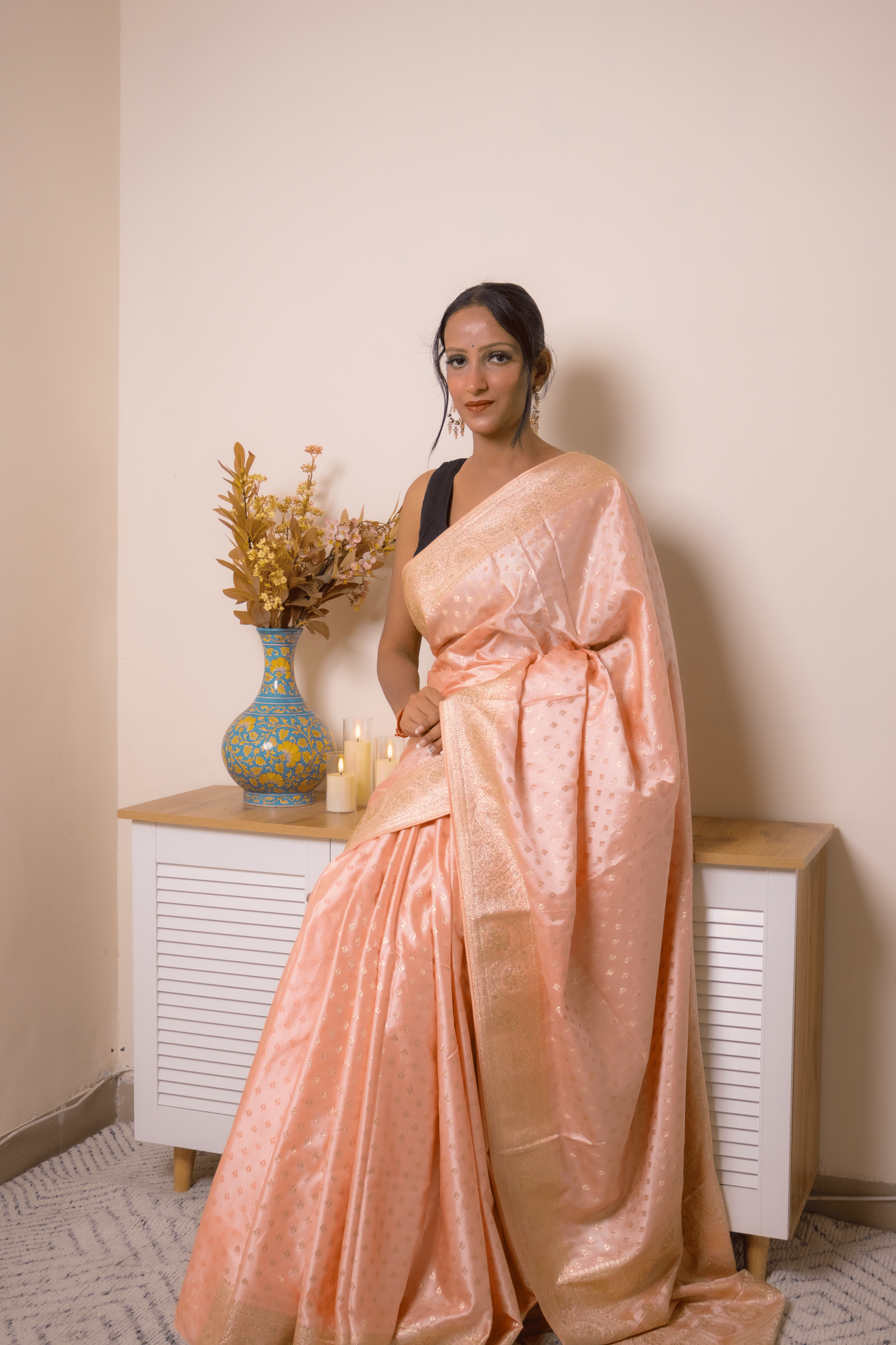 Peach Banarasi Silk Saree with Gold Zari Border - IMG_1072
