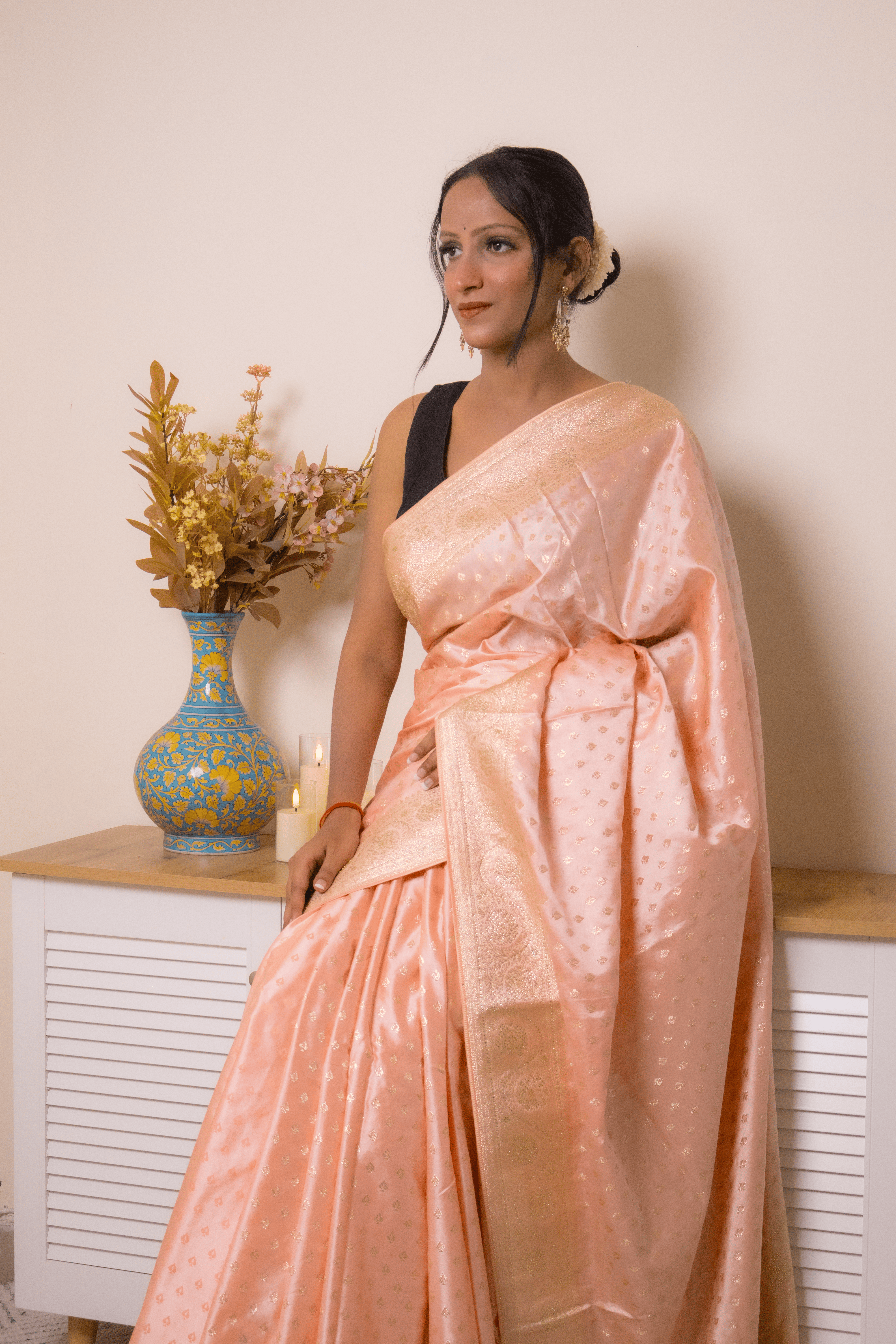 Peach Banarasi Silk Saree with Gold Zari Border - IMG_1074