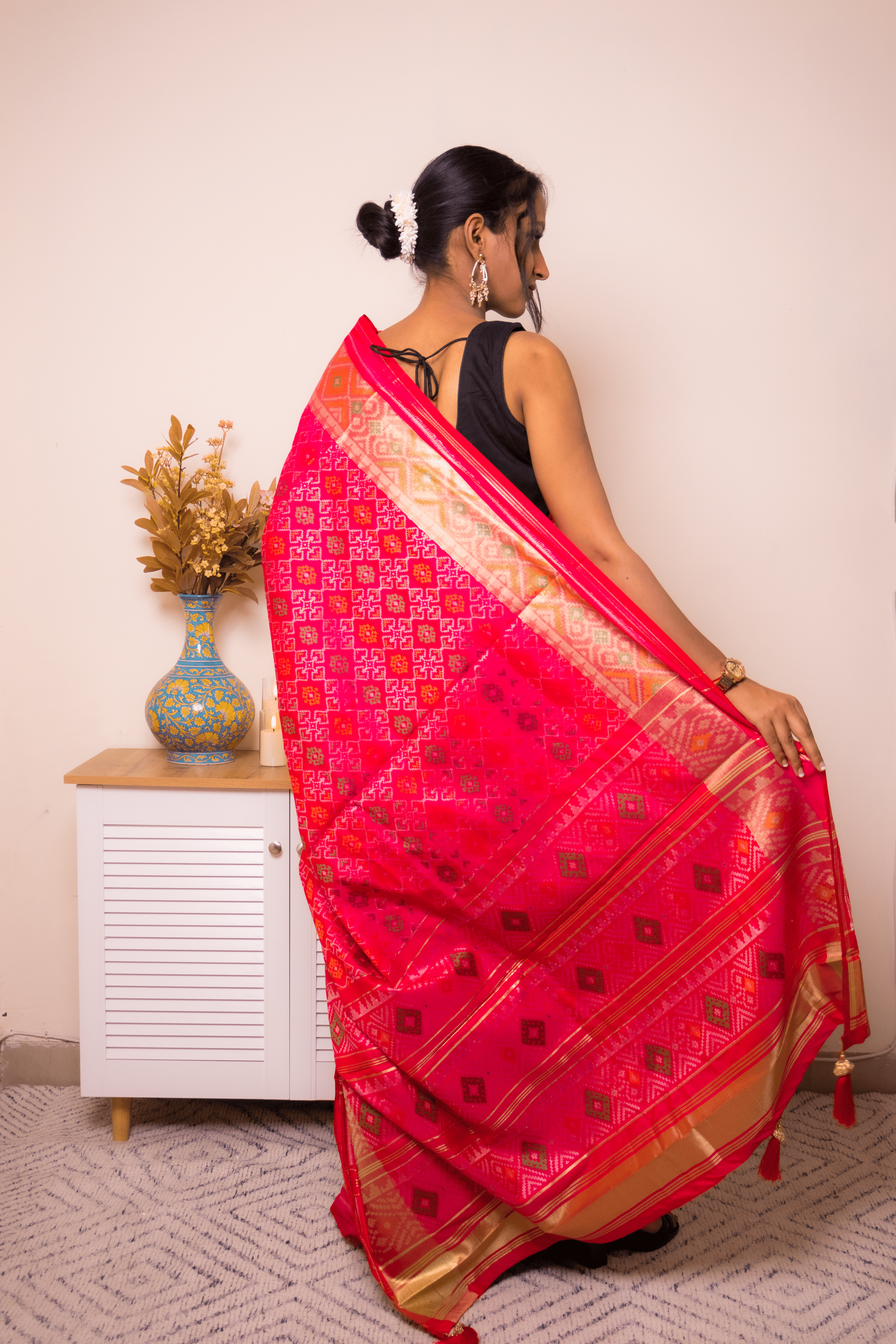 Hot Pink Banarasi Silk Saree with Gold Zari Buti - IMG_1085