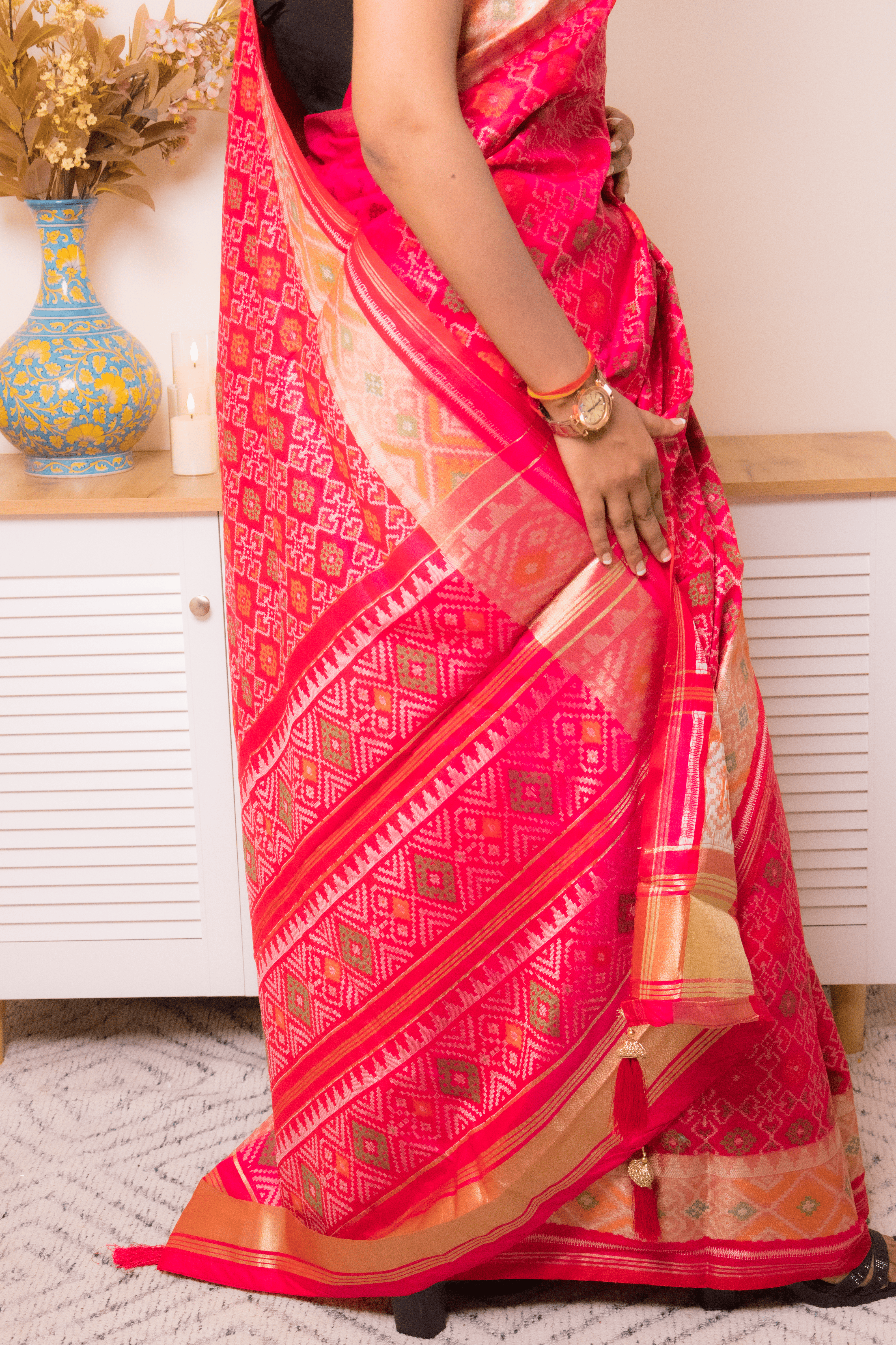 Hot Pink Banarasi Silk Saree with Gold Zari Buti - IMG_1090