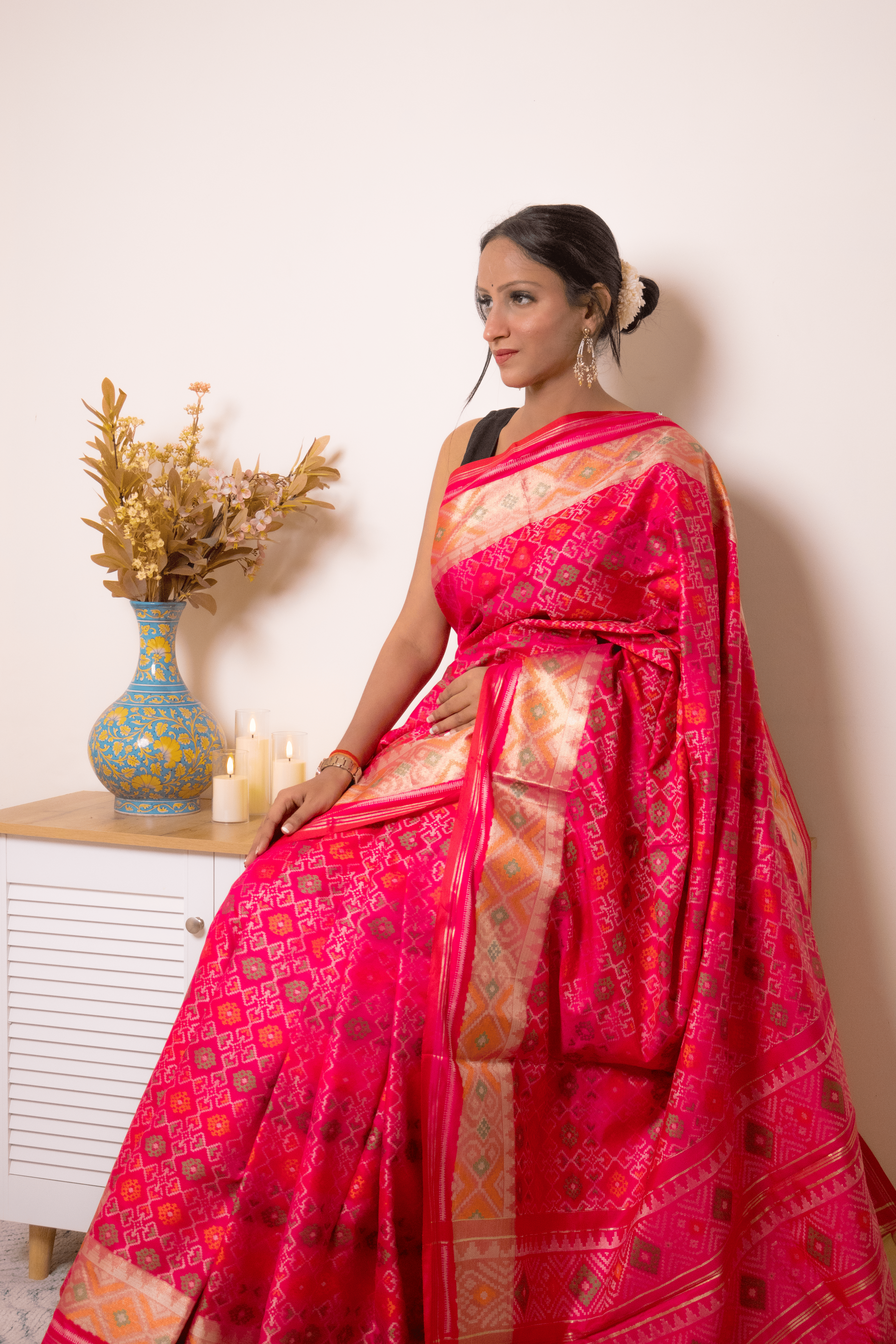 Hot Pink Banarasi Silk Saree with Gold Zari Buti - IMG_1092