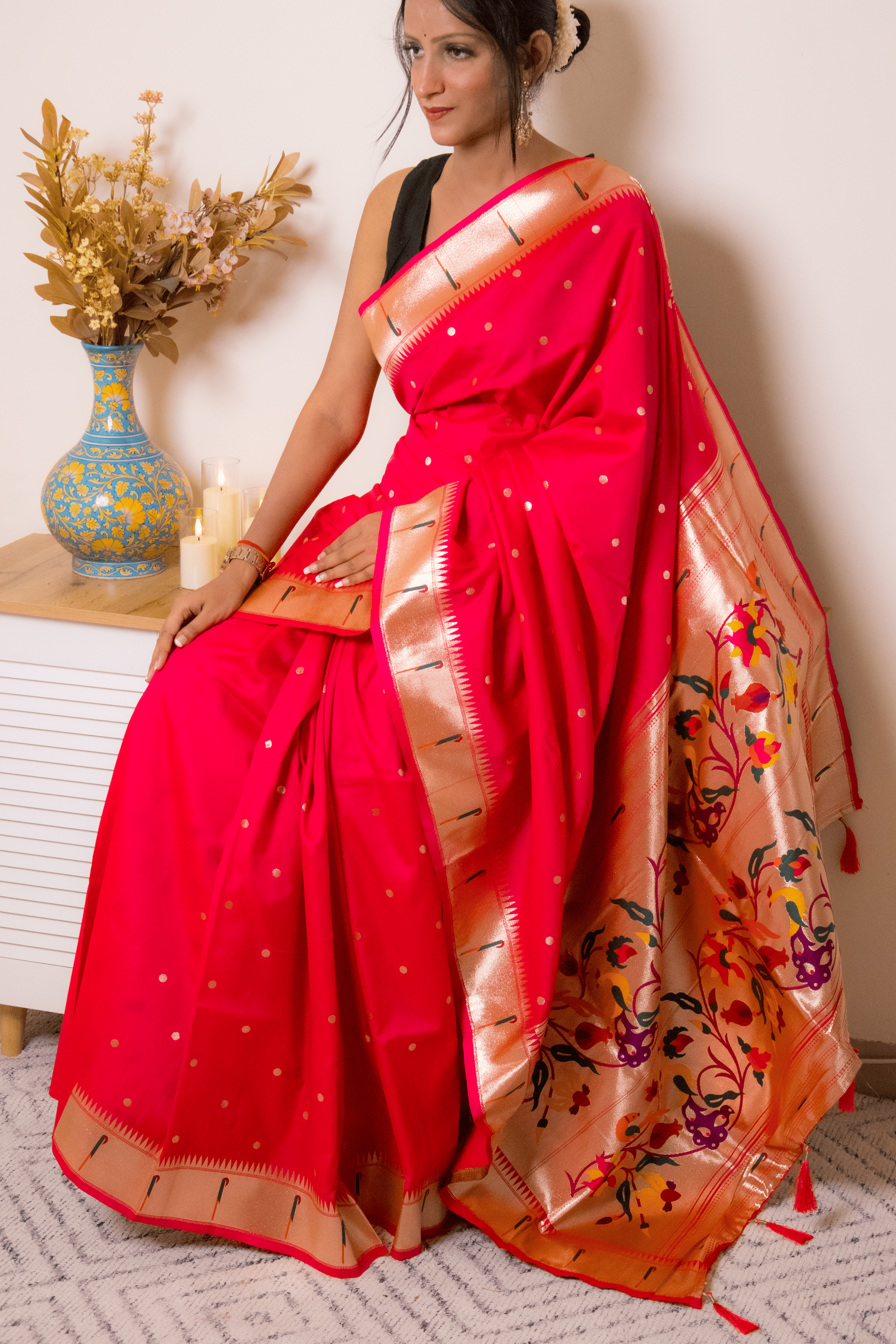 Crimson Paithani Pure Silk Saree with Zari Floral Pallu - IMG_1115