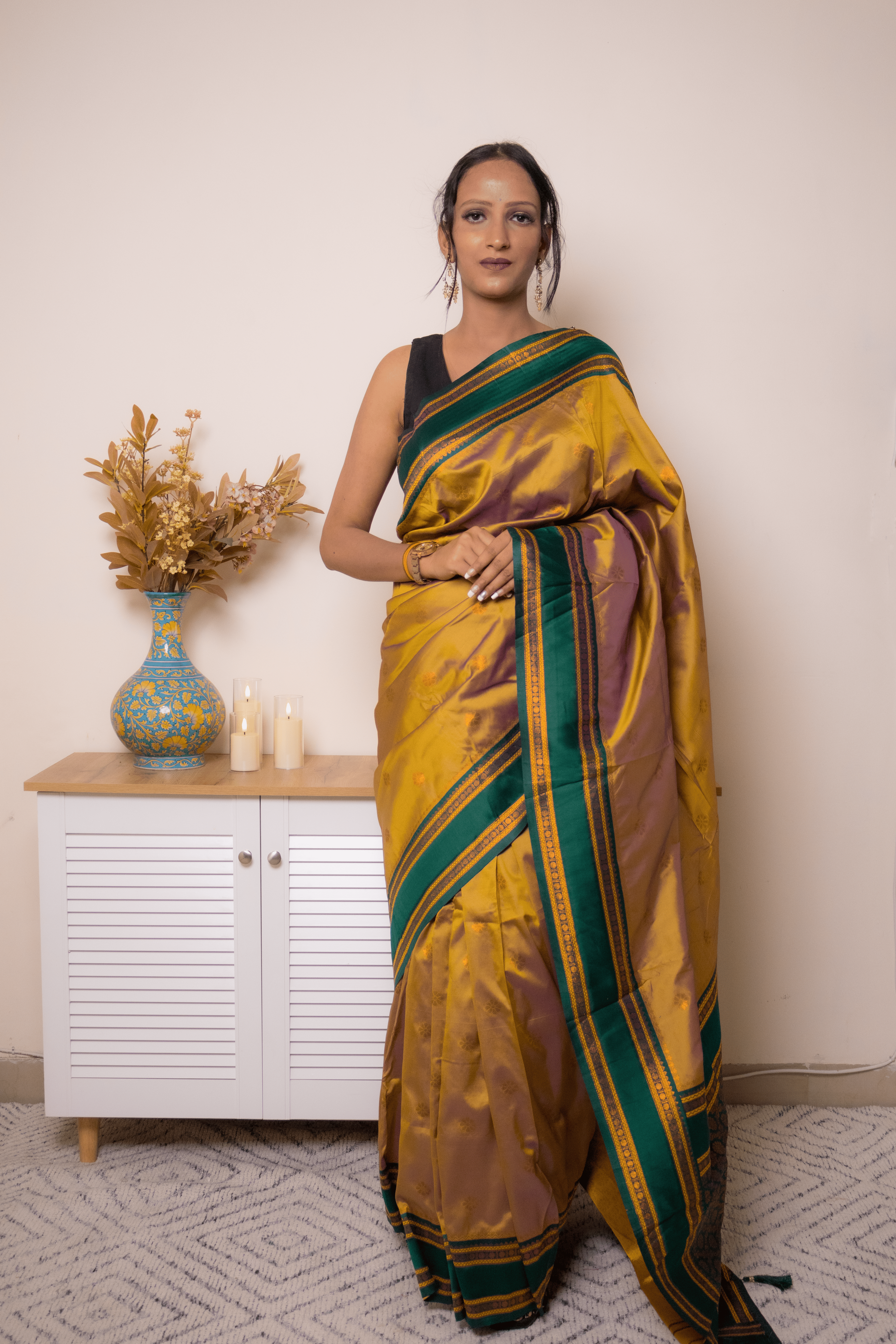 Emerald-Trimmed Mustard Paithani Silk Saree - IMG_1117