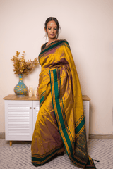 Emerald-Trimmed Mustard Paithani Silk Saree - IMG_1119