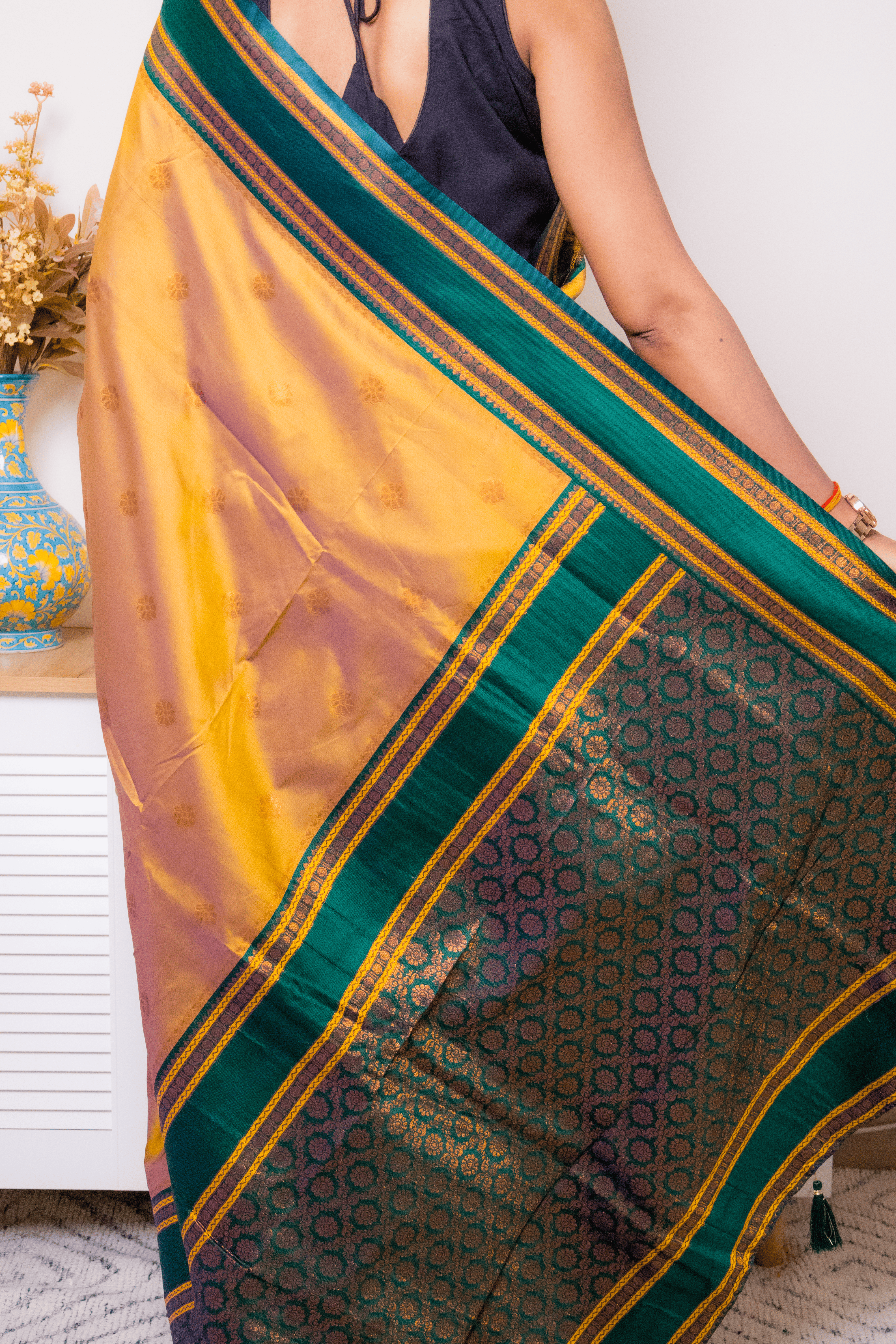 Emerald-Trimmed Mustard Paithani Silk Saree - IMG_1127