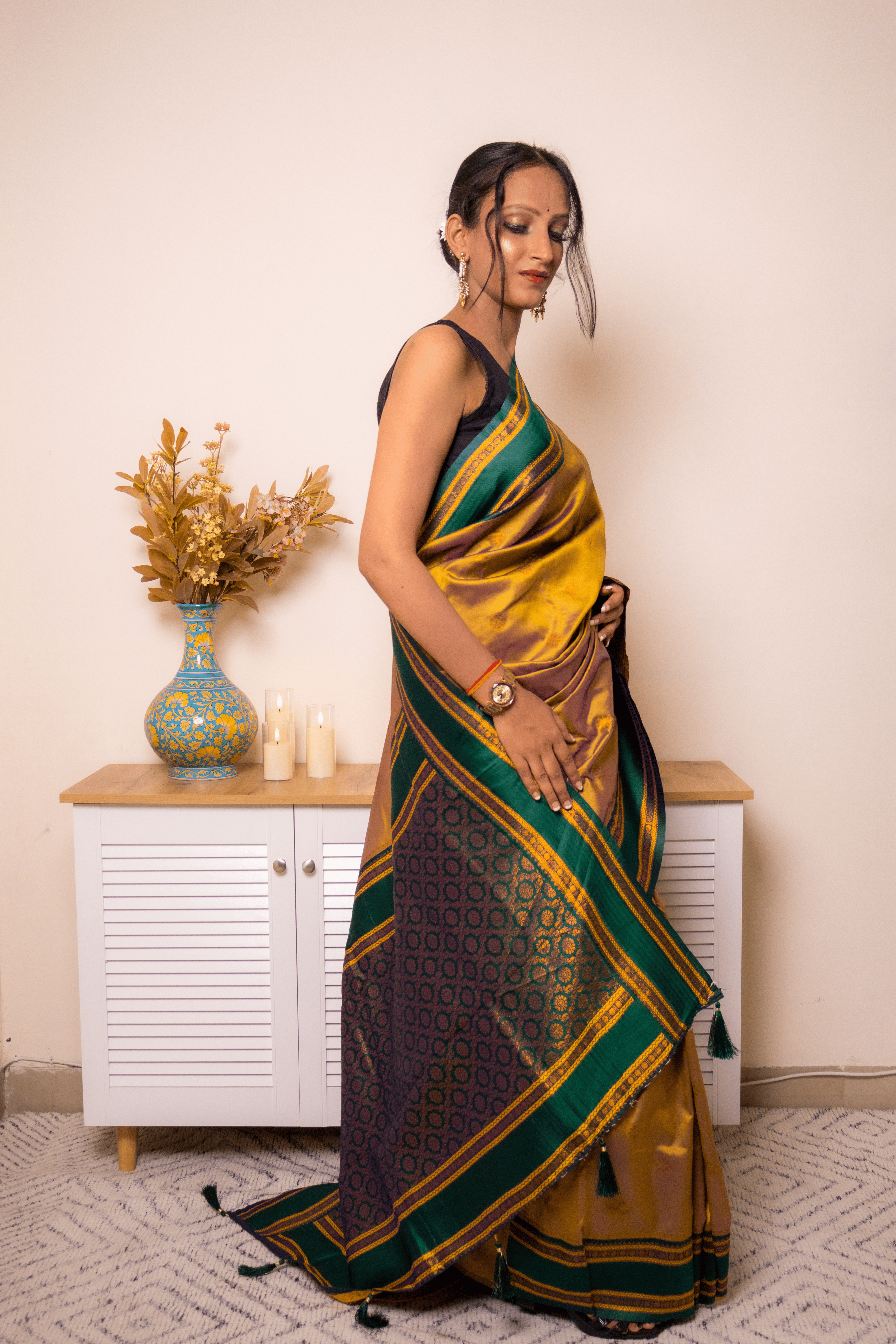 Emerald-Trimmed Mustard Paithani Silk Saree - IMG_1130