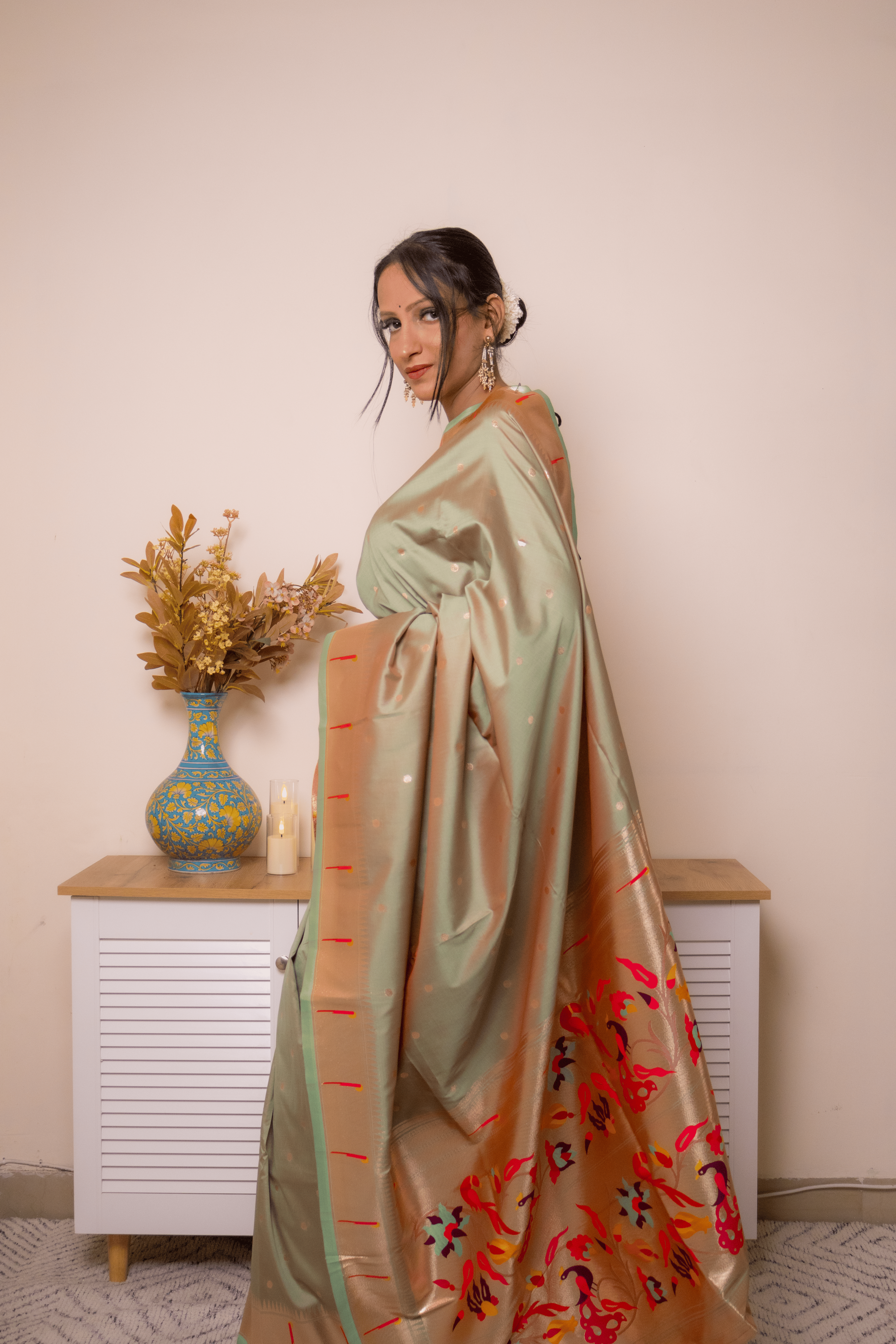 Sage Green Paithani Silk Saree with Gold Zari Pallu - IMG_1145