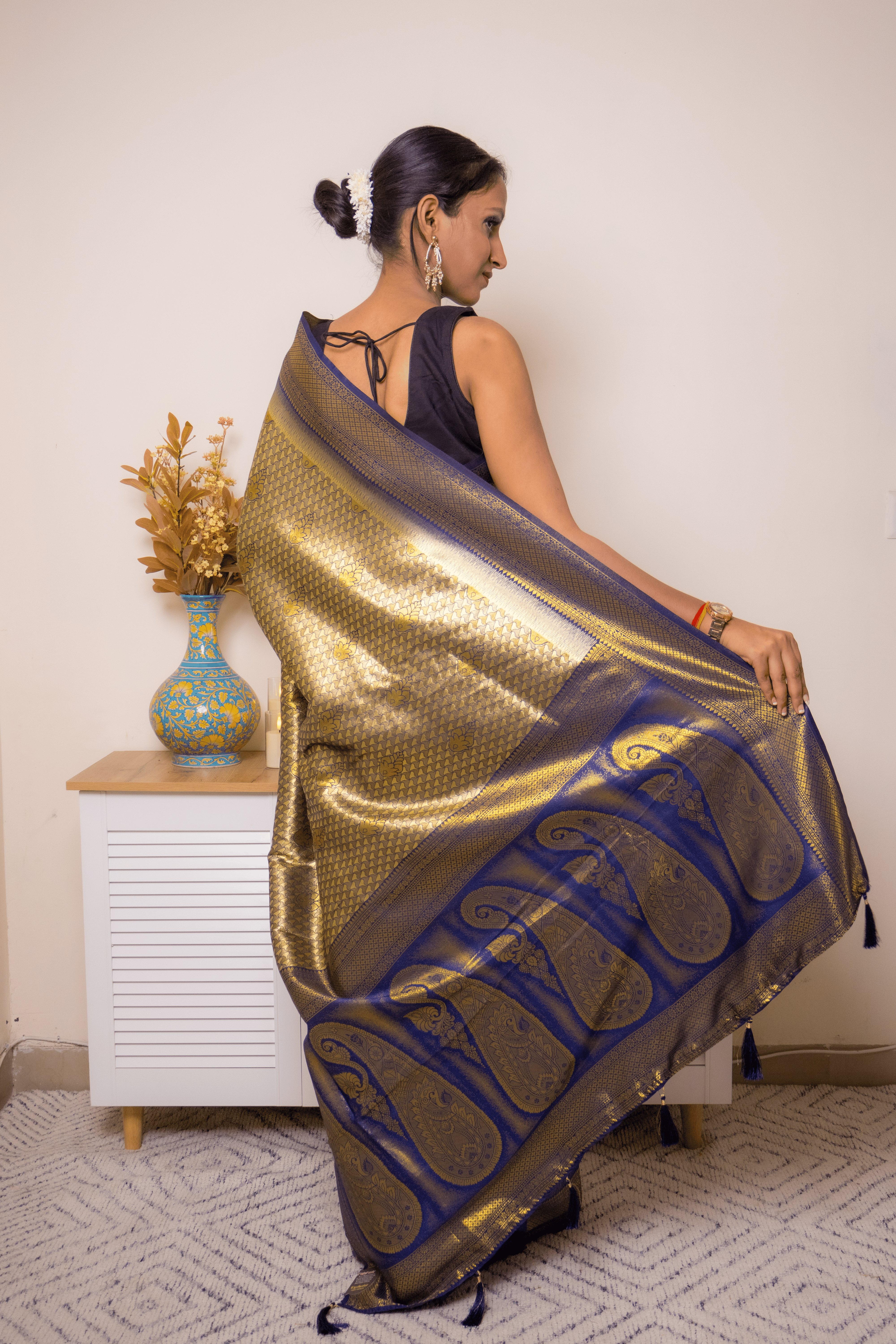 Navy & Gold Paithani Pure Silk Saree - IMG_1186
