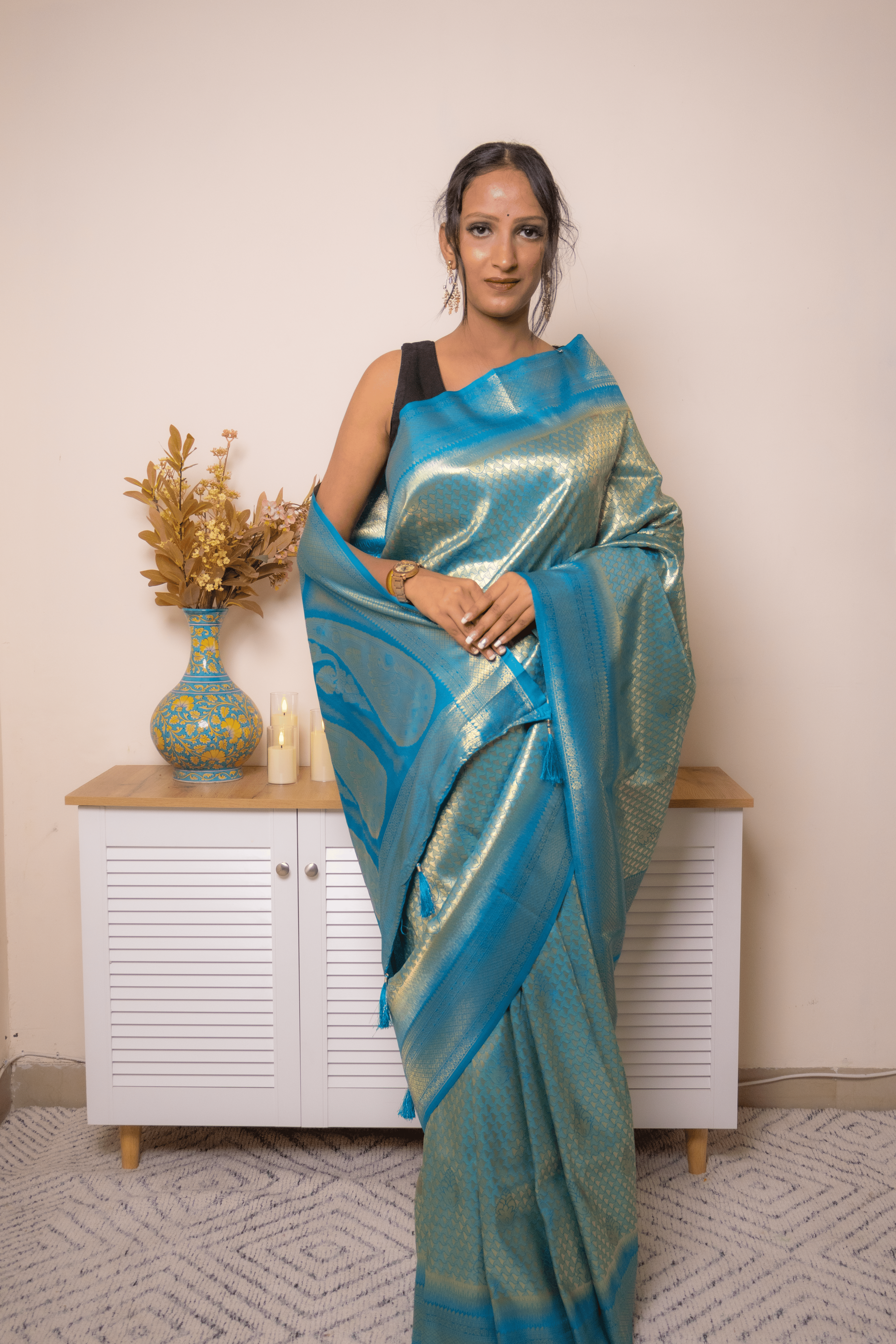 Teal-Gold Paithani Silk Saree with Zari Brocade - IMG_1216