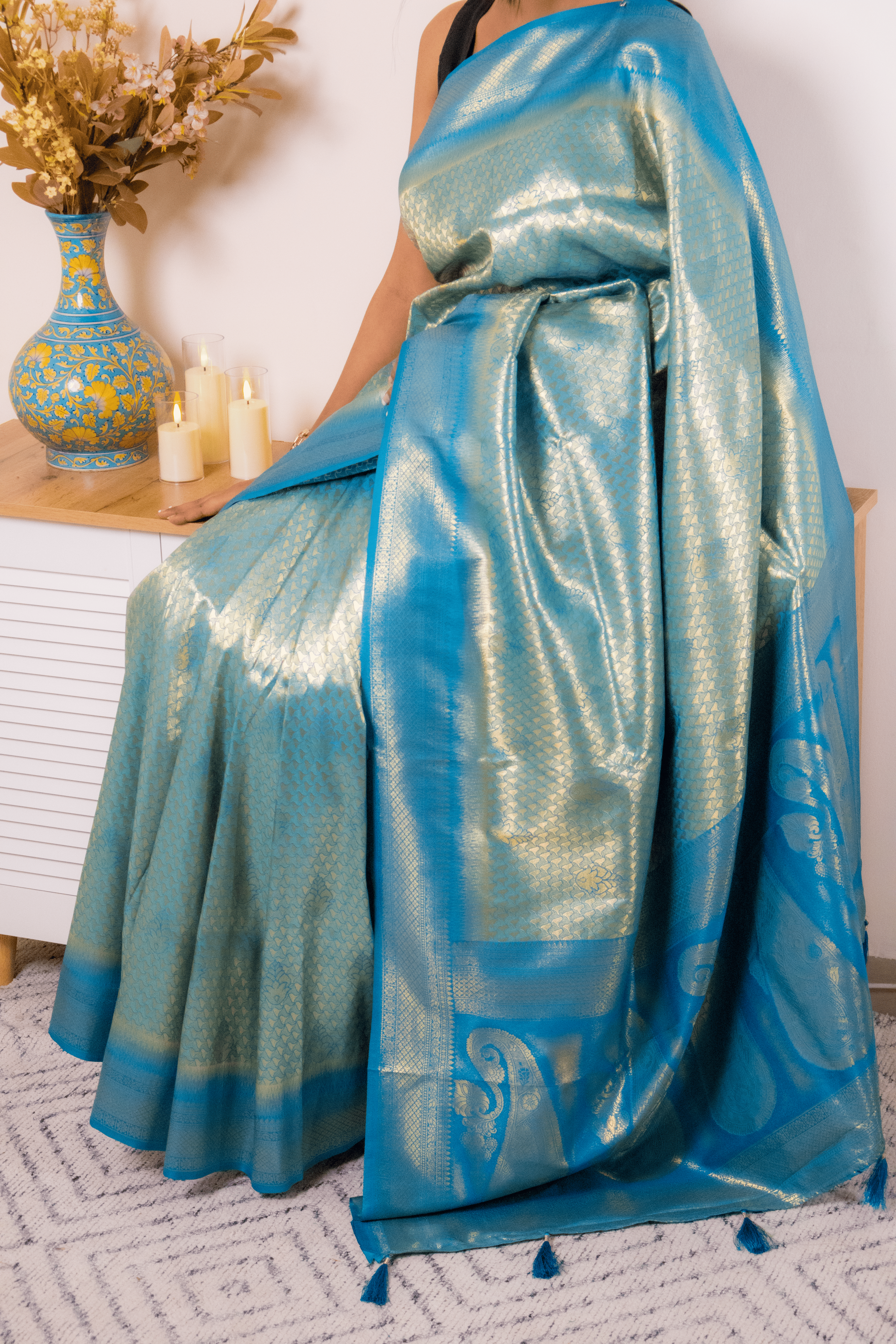 Teal-Gold Paithani Silk Saree with Zari Brocade - IMG_1225