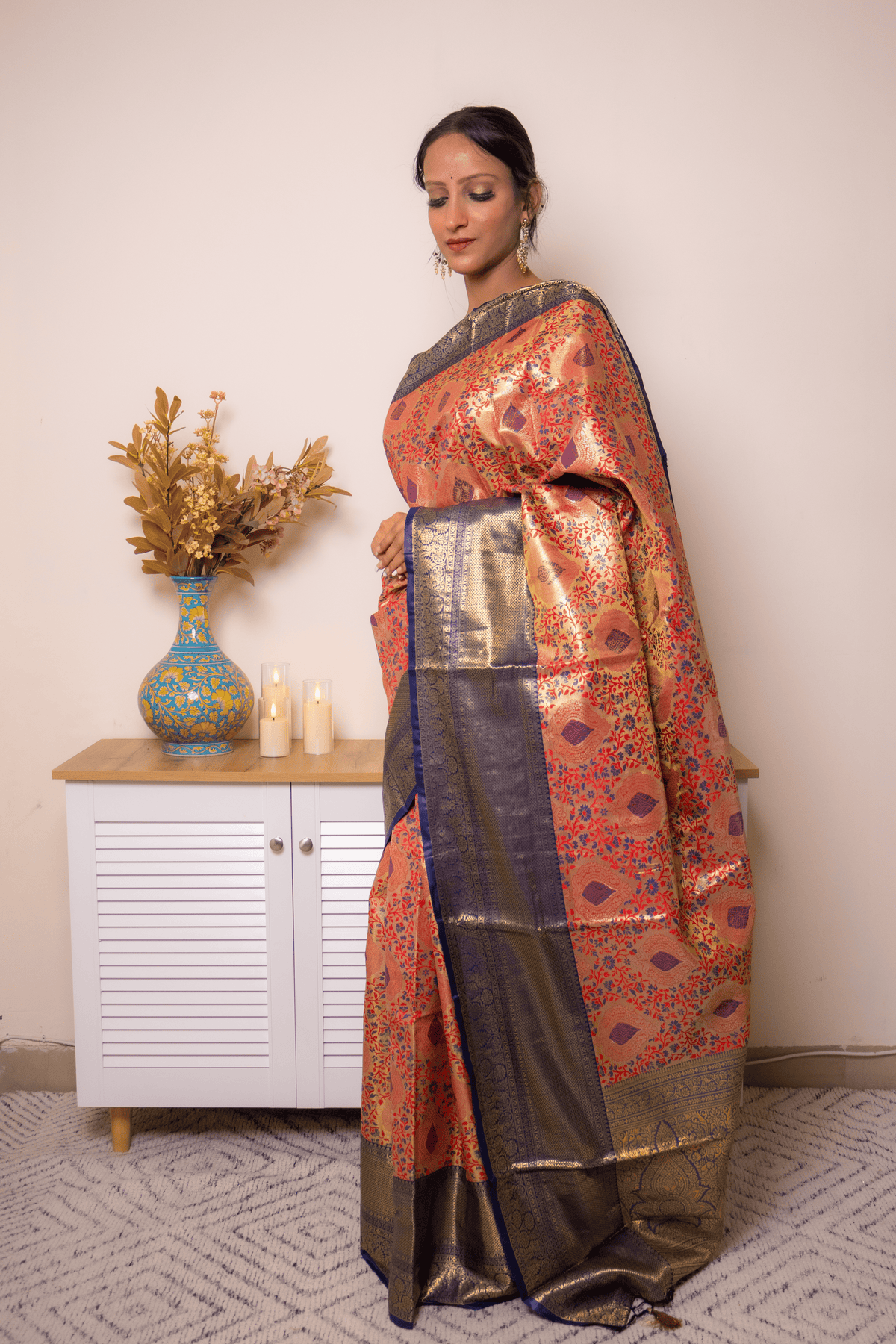 Coral Paithani Silk Saree with Navy Gold Zari Border - IMG_1232