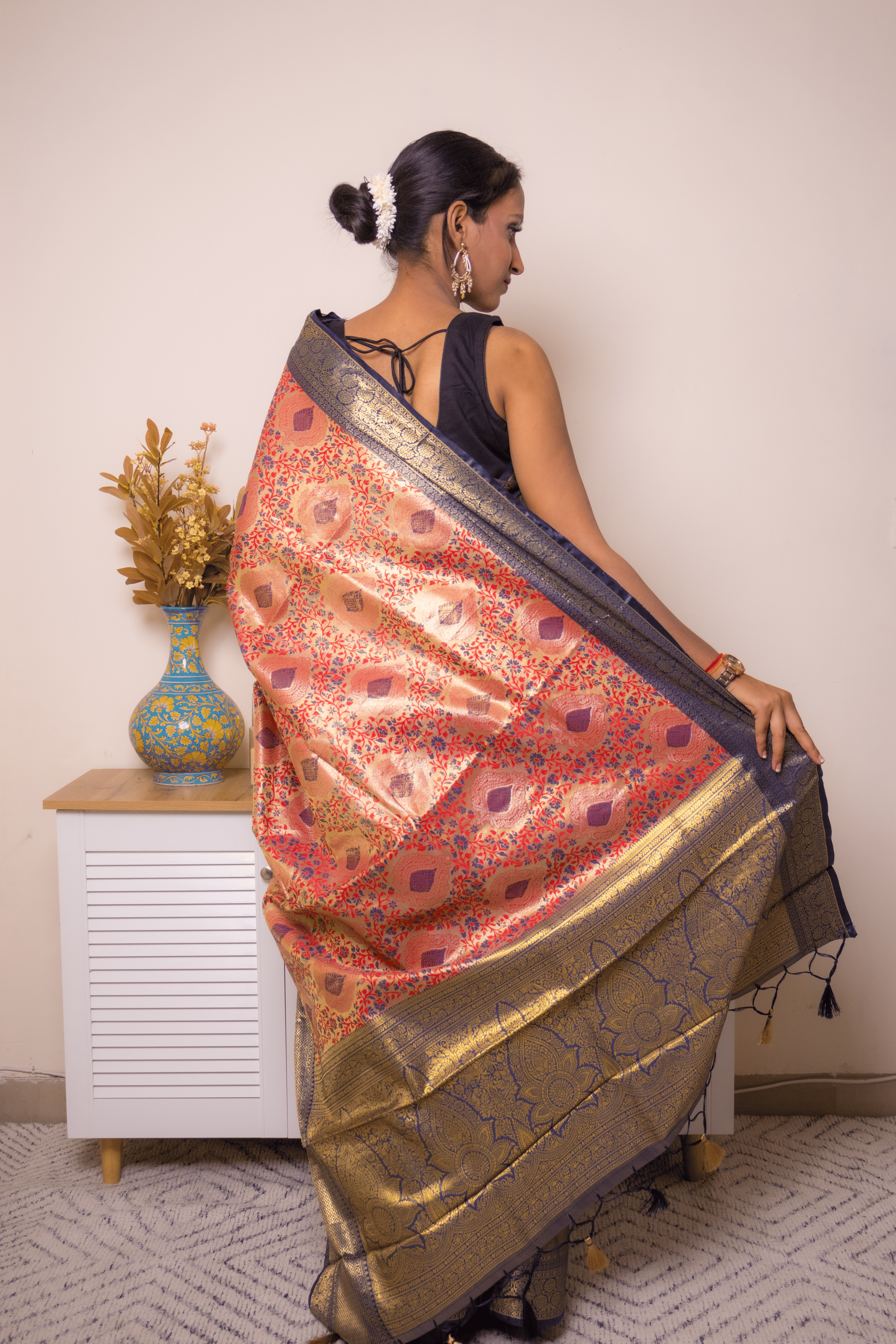 Coral Paithani Silk Saree with Navy Gold Zari Border - IMG_1237