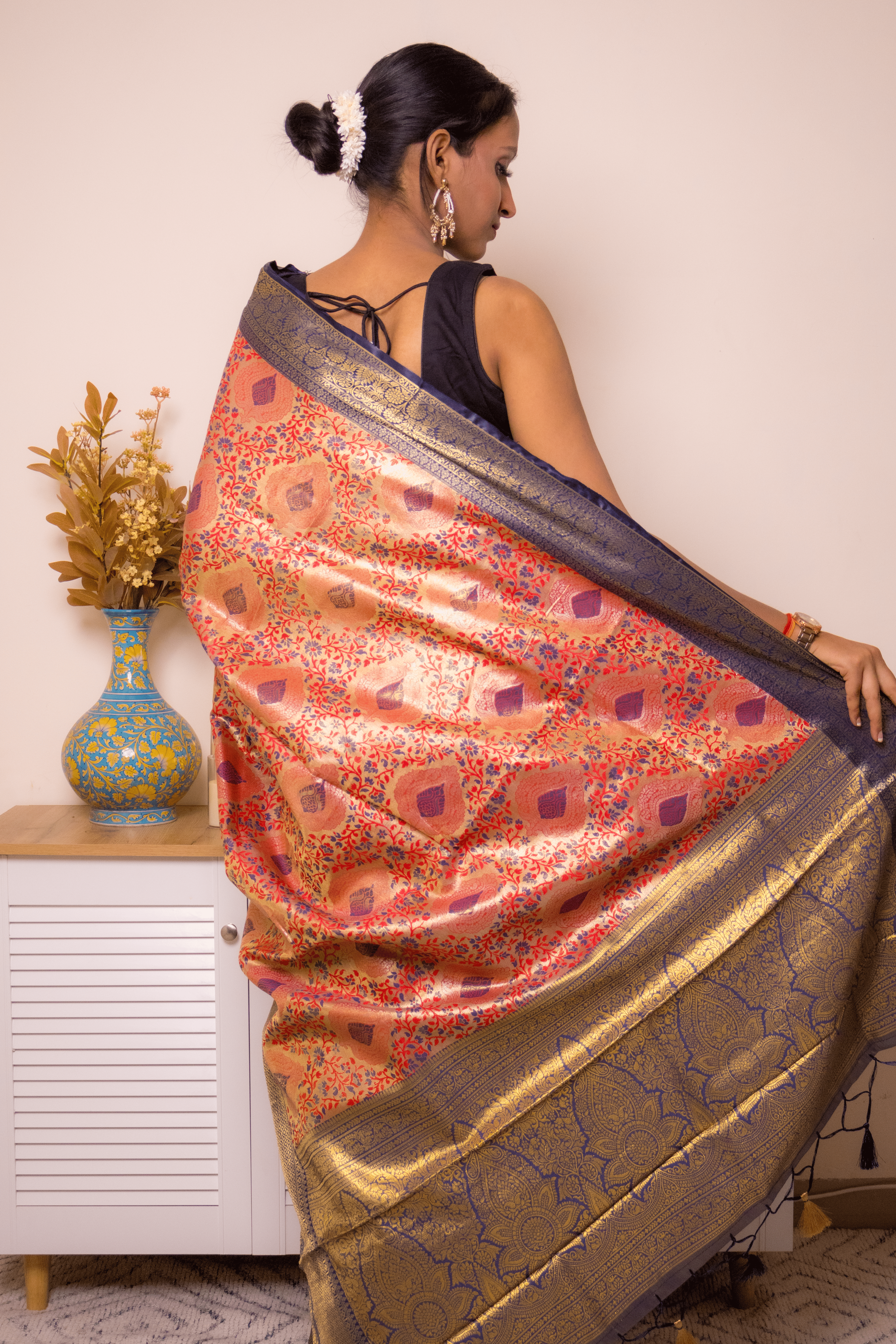 Coral Paithani Silk Saree with Navy Gold Zari Border - IMG_1239