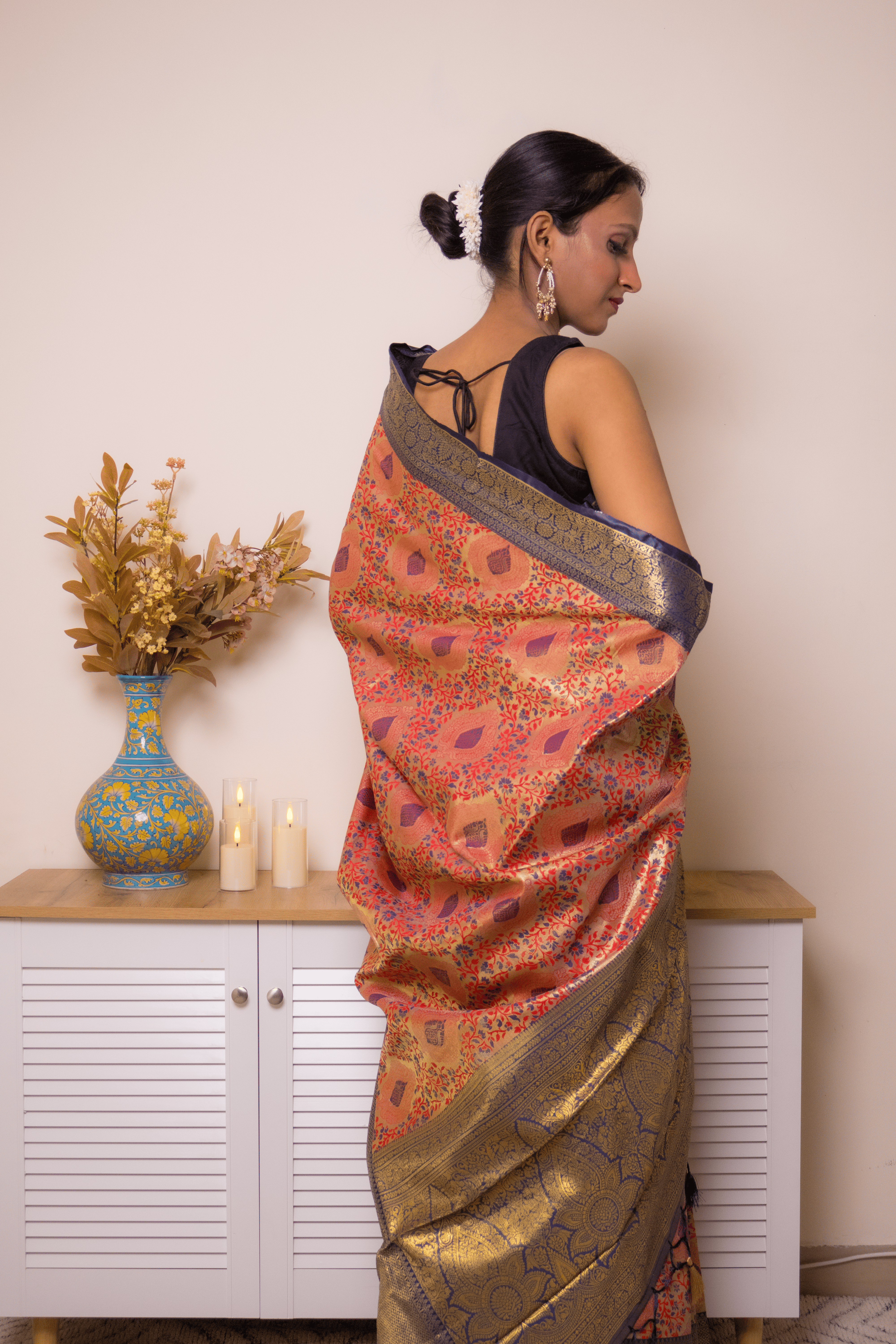 Coral Paithani Silk Saree with Navy Gold Zari Border - IMG_1240
