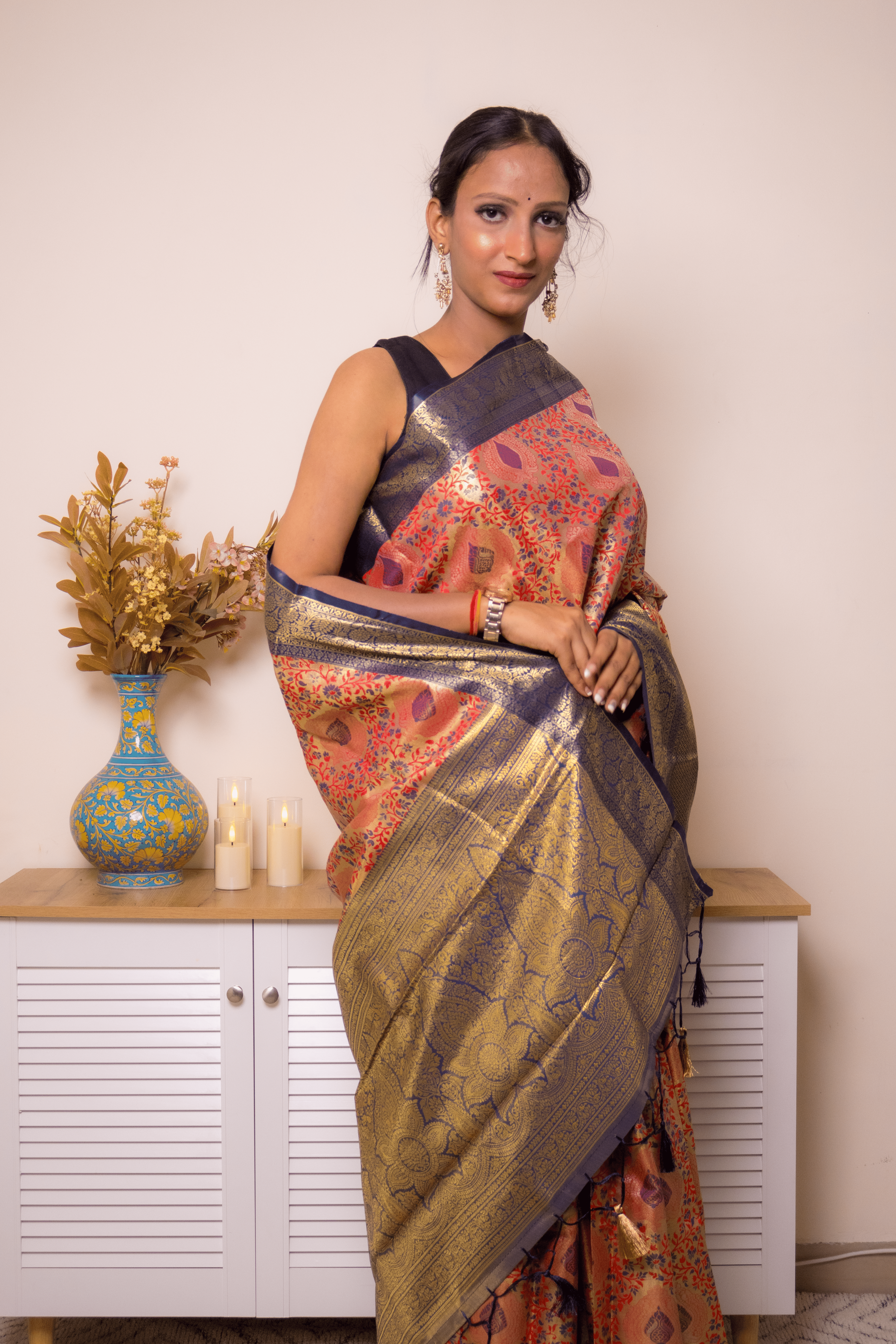 Coral Paithani Silk Saree with Navy Gold Zari Border - IMG_1241