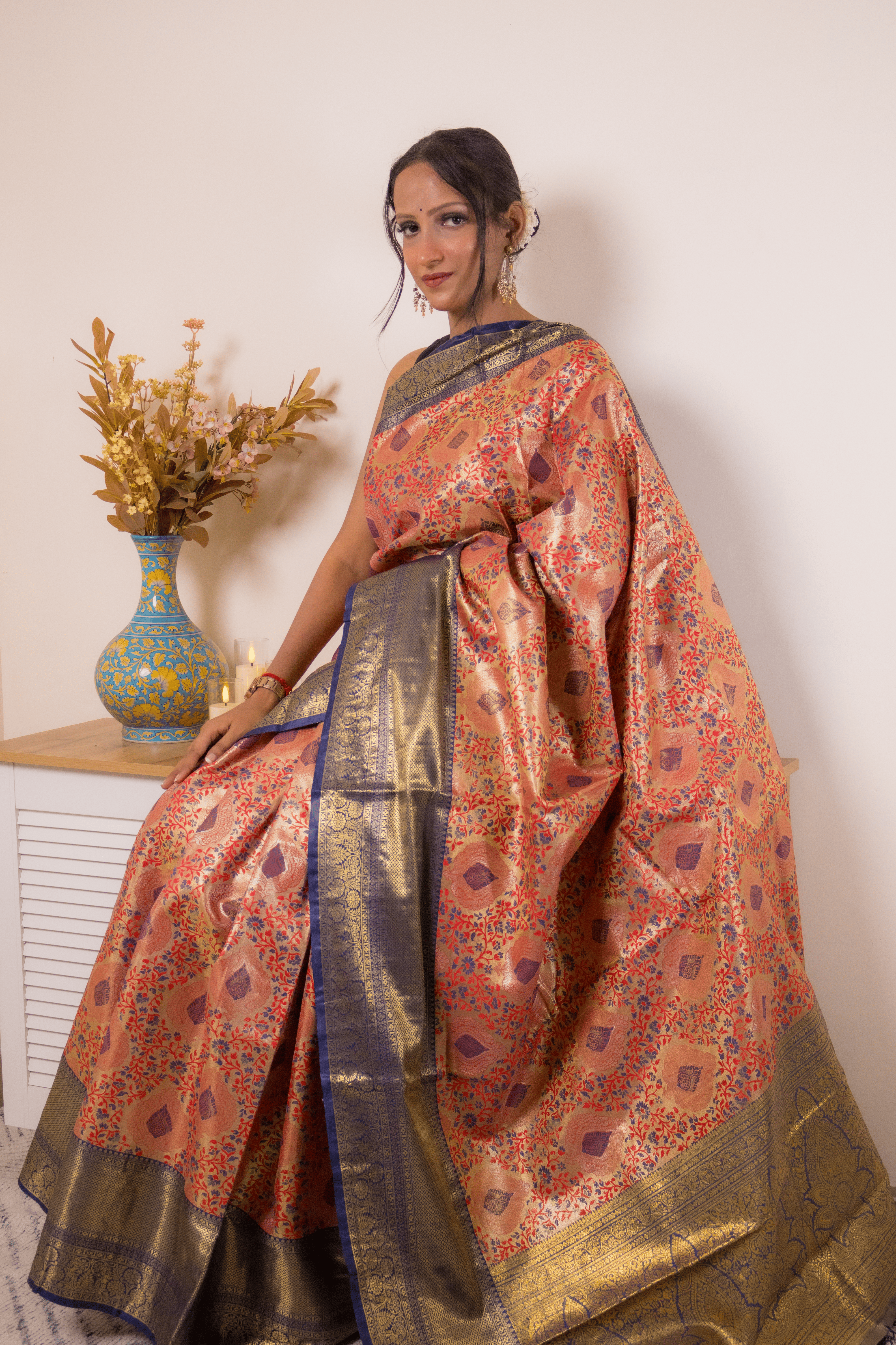 Coral Paithani Silk Saree with Navy Gold Zari Border - IMG_1243