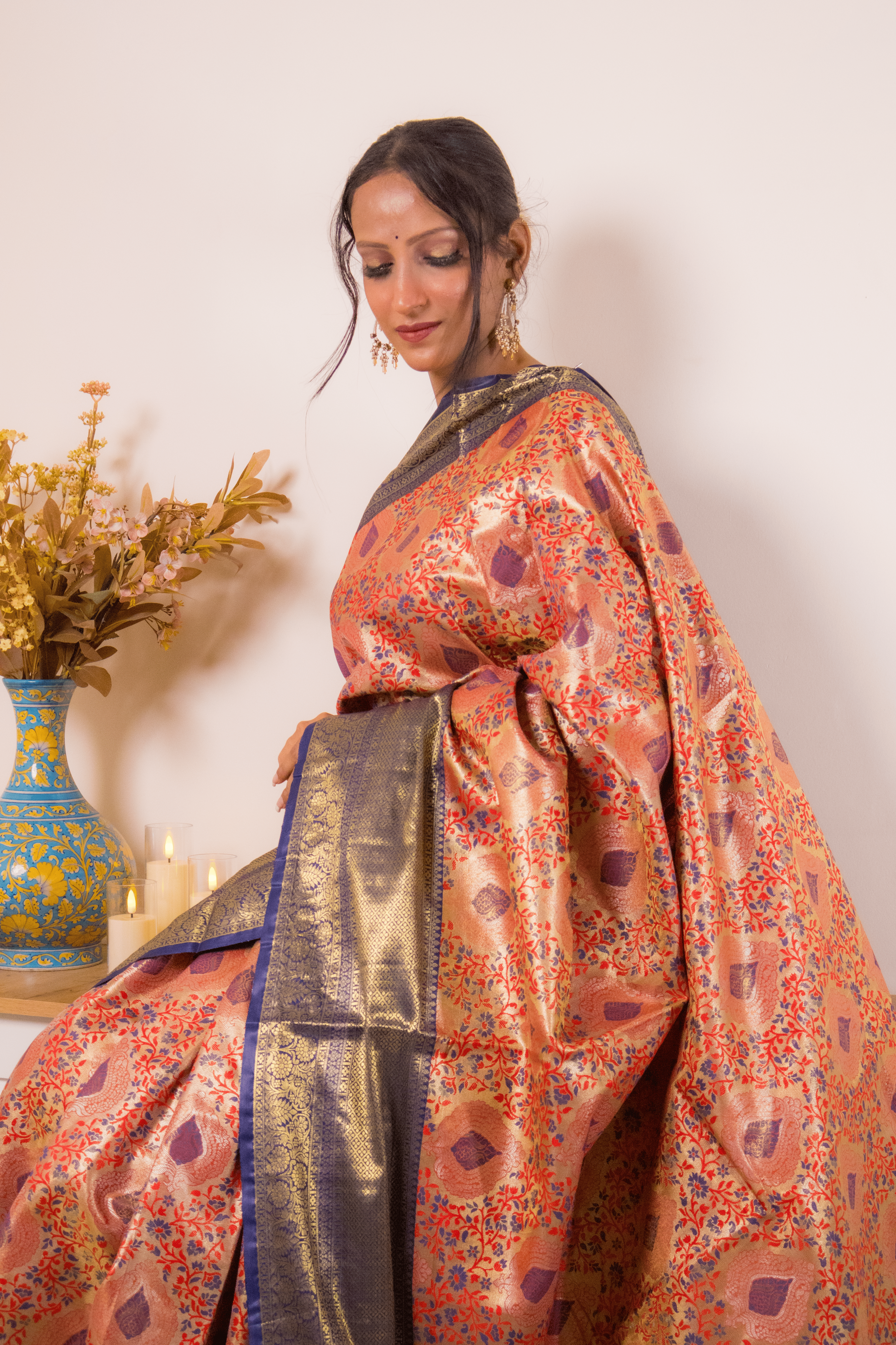 Coral Paithani Silk Saree with Navy Gold Zari Border - IMG_1246