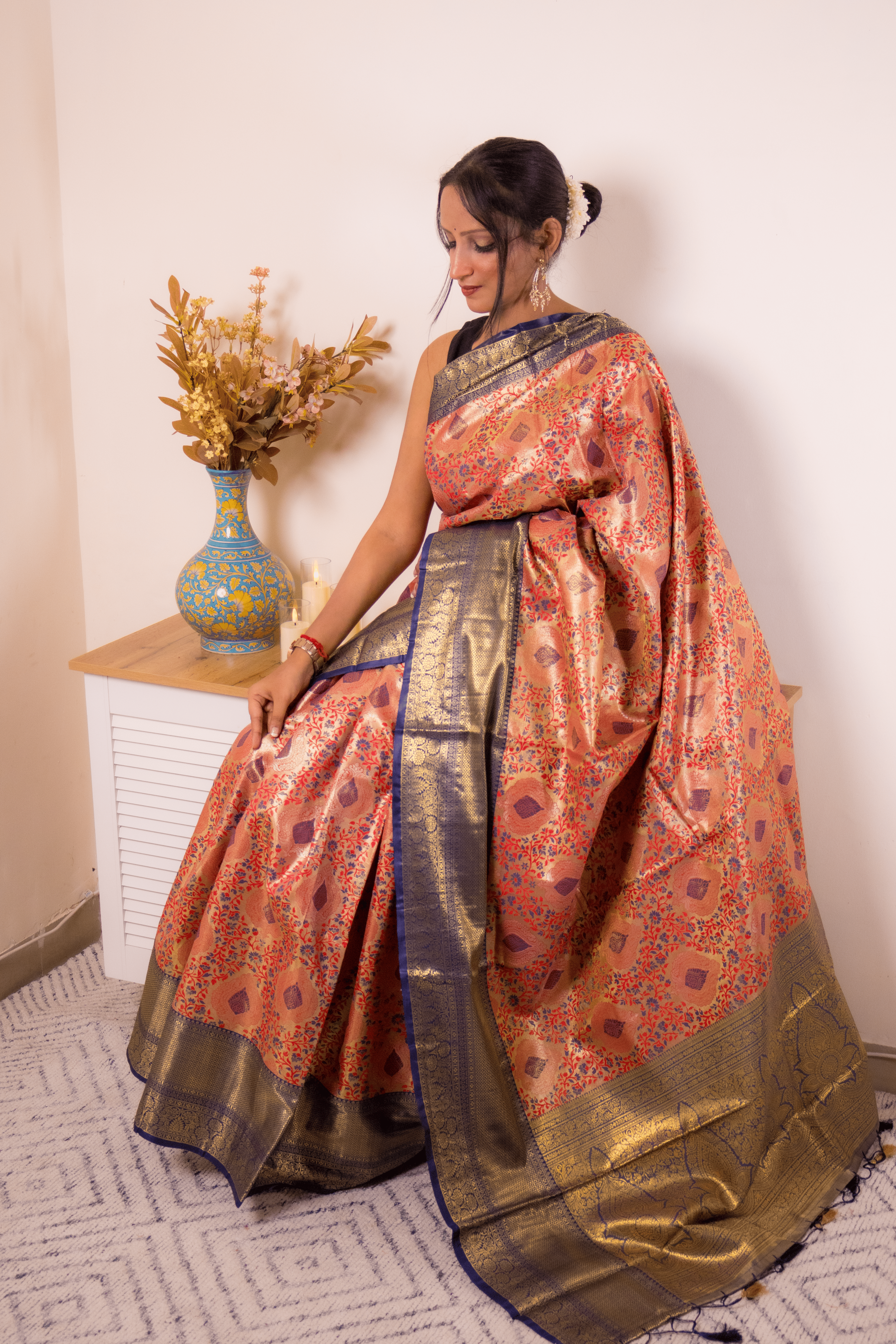 Coral Paithani Silk Saree with Navy Gold Zari Border - IMG_1247