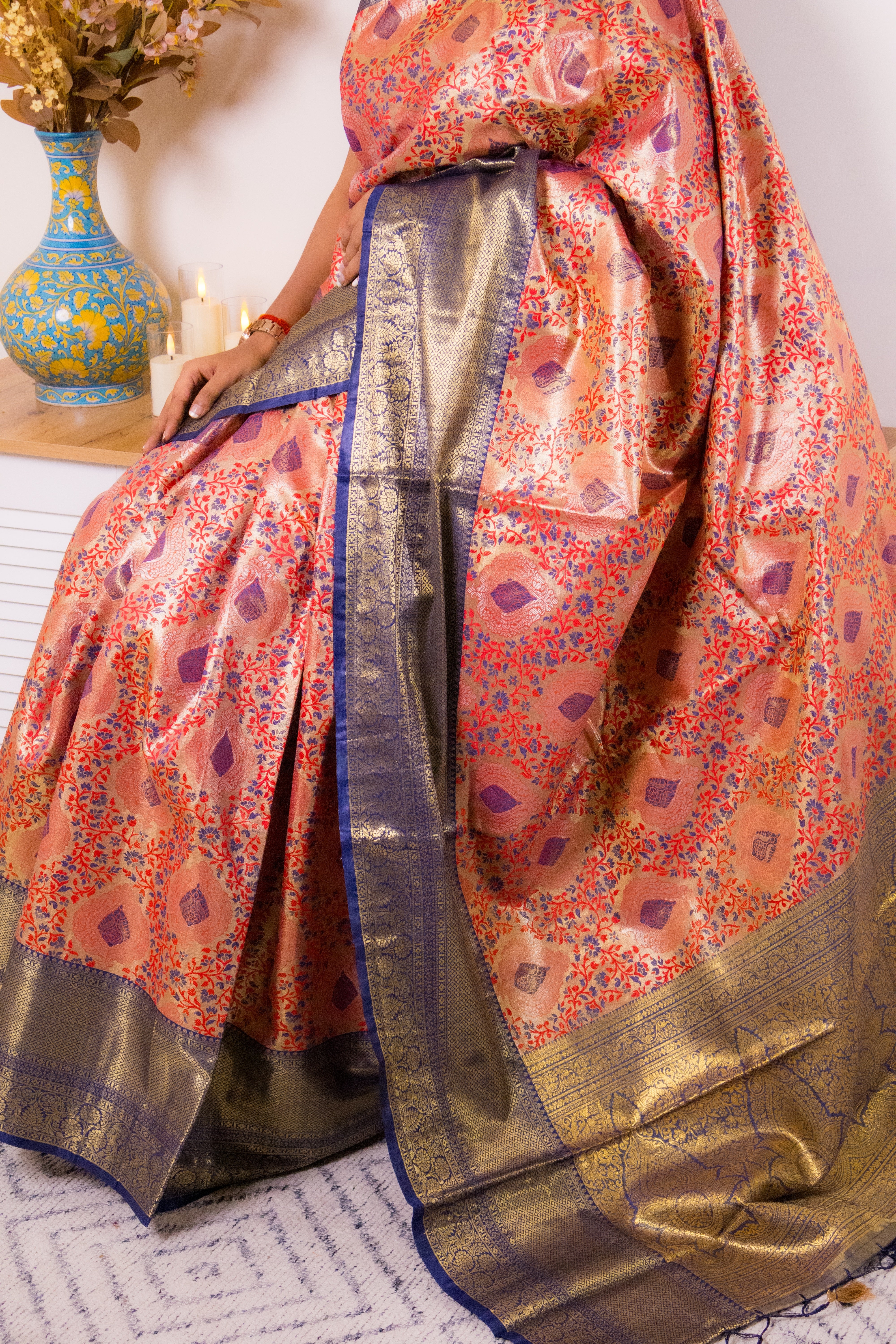 Coral Paithani Silk Saree with Navy Gold Zari Border - IMG_1249