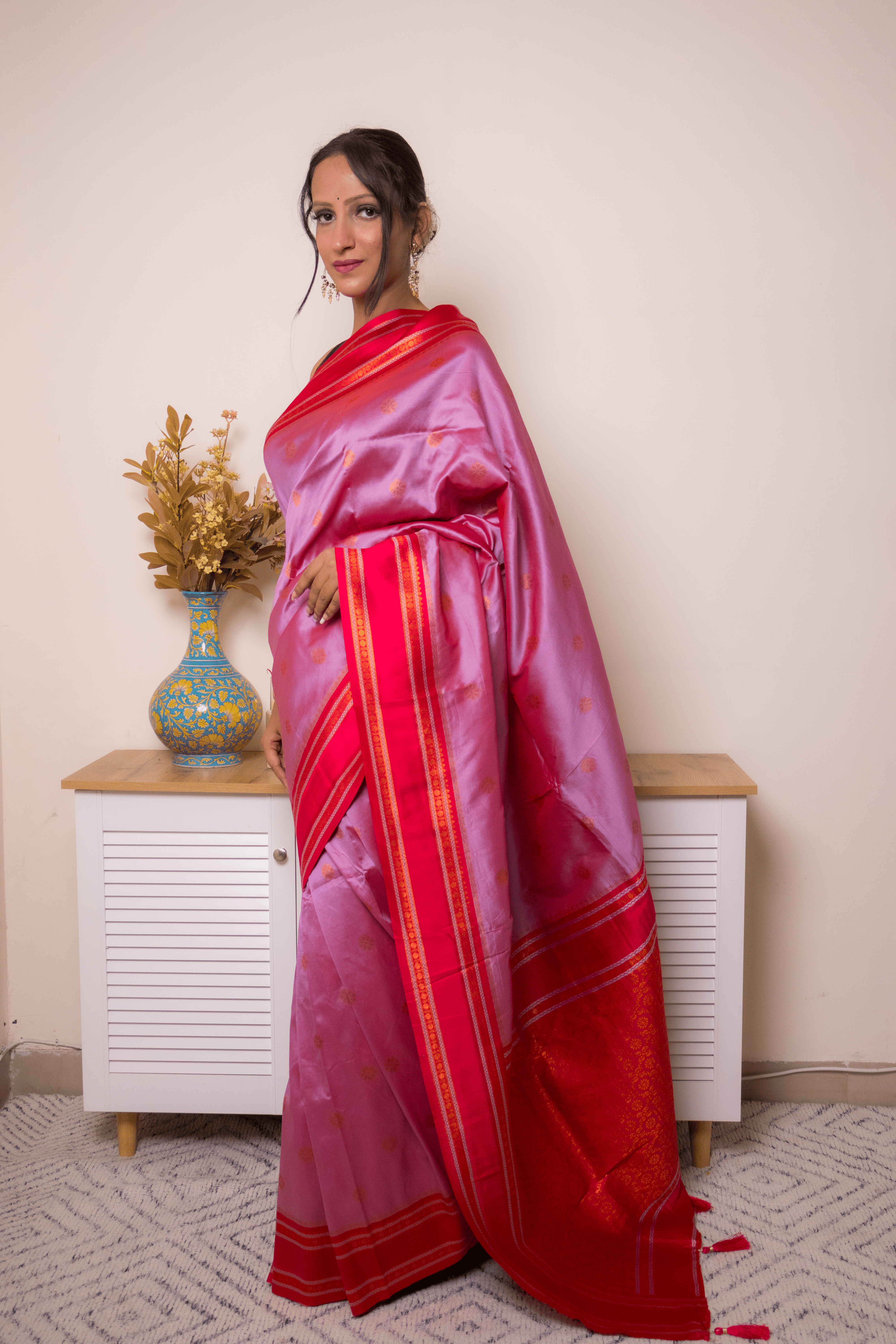 Rose-Lilac Paithani Silk Saree with Red Zari Border - IMG_1257