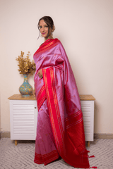 Rose-Lilac Paithani Silk Saree with Red Zari Border - IMG_1257