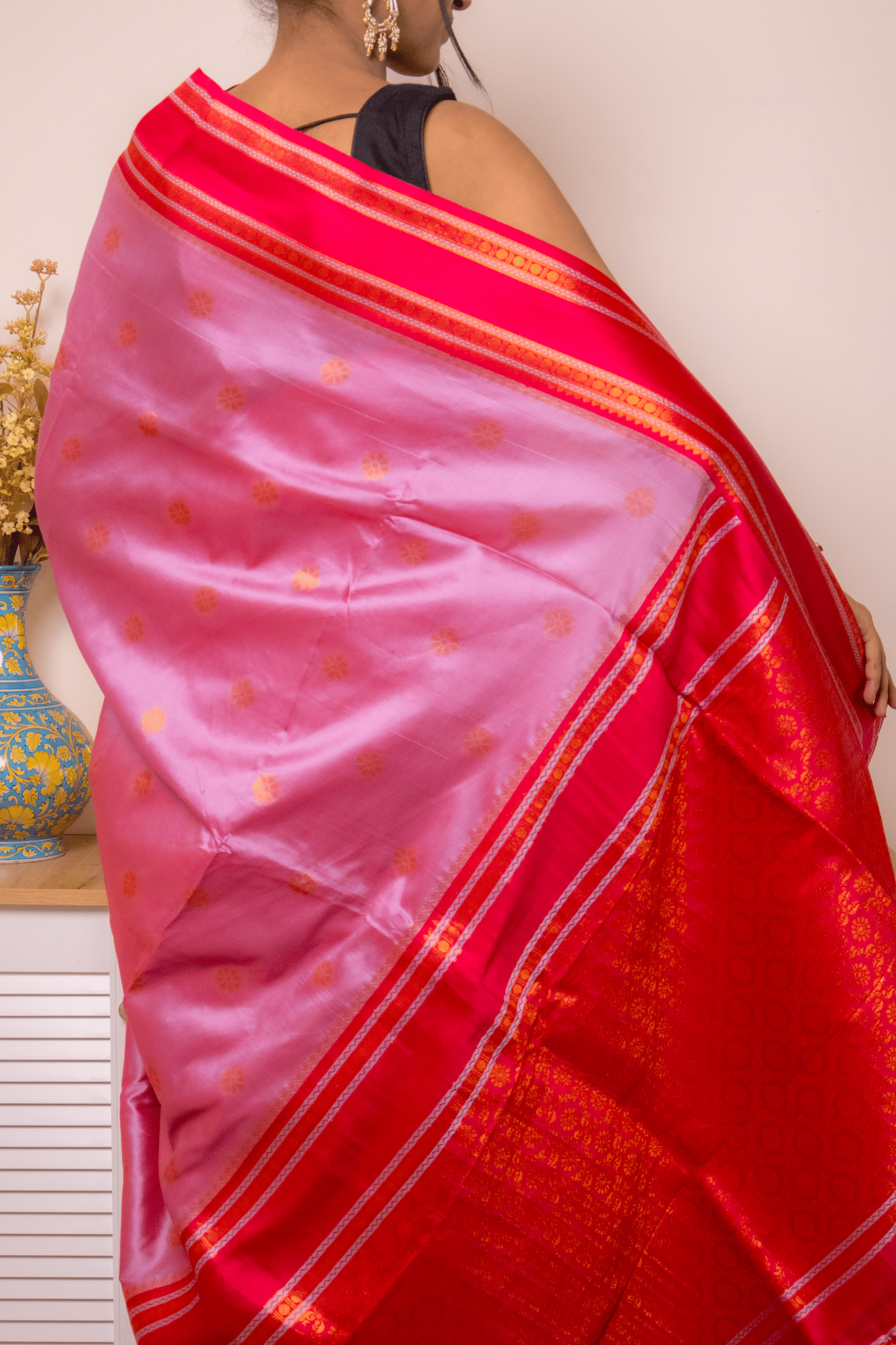 Rose-Lilac Paithani Silk Saree with Red Zari Border - IMG_1262