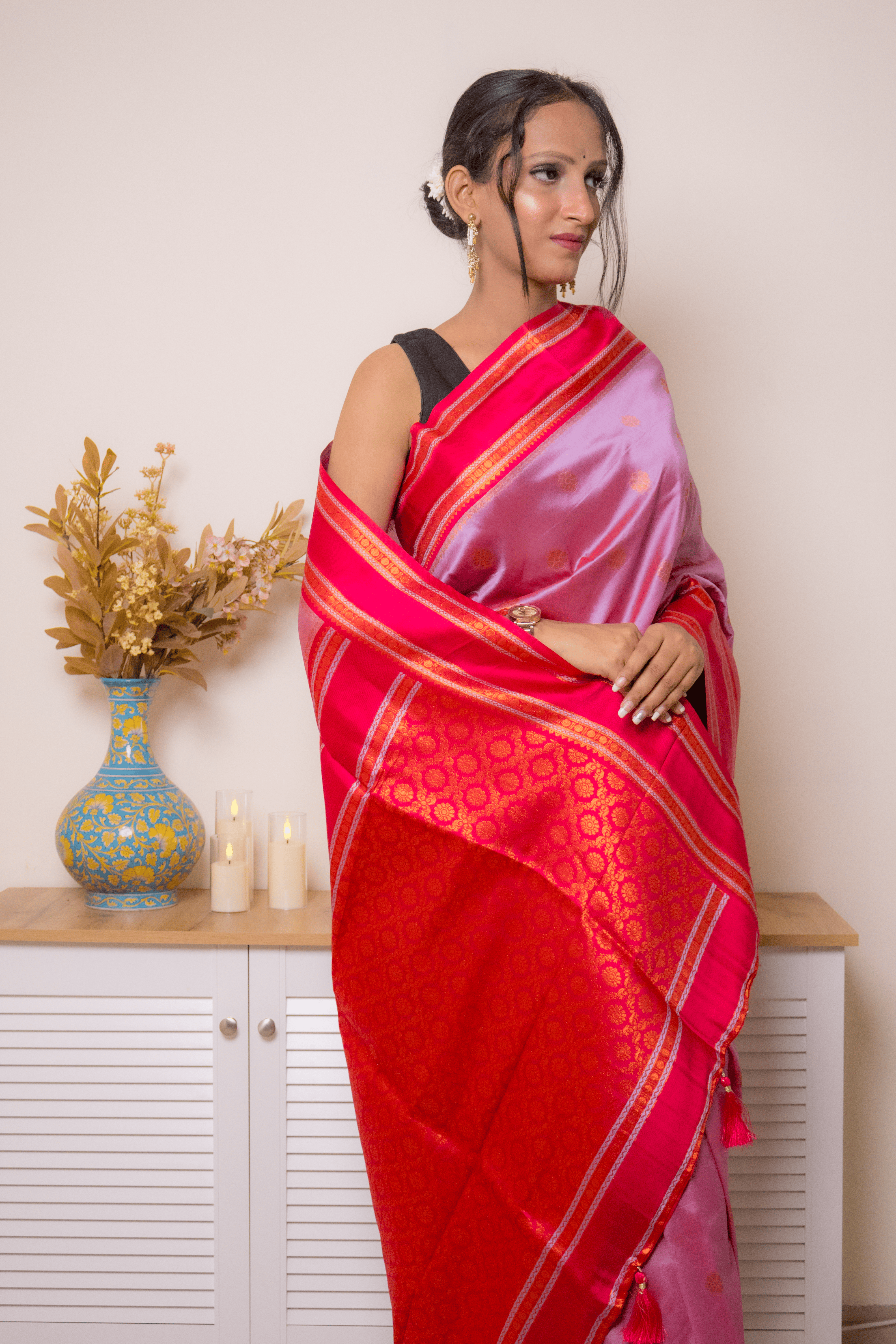 Rose-Lilac Paithani Silk Saree with Red Zari Border - IMG_1265