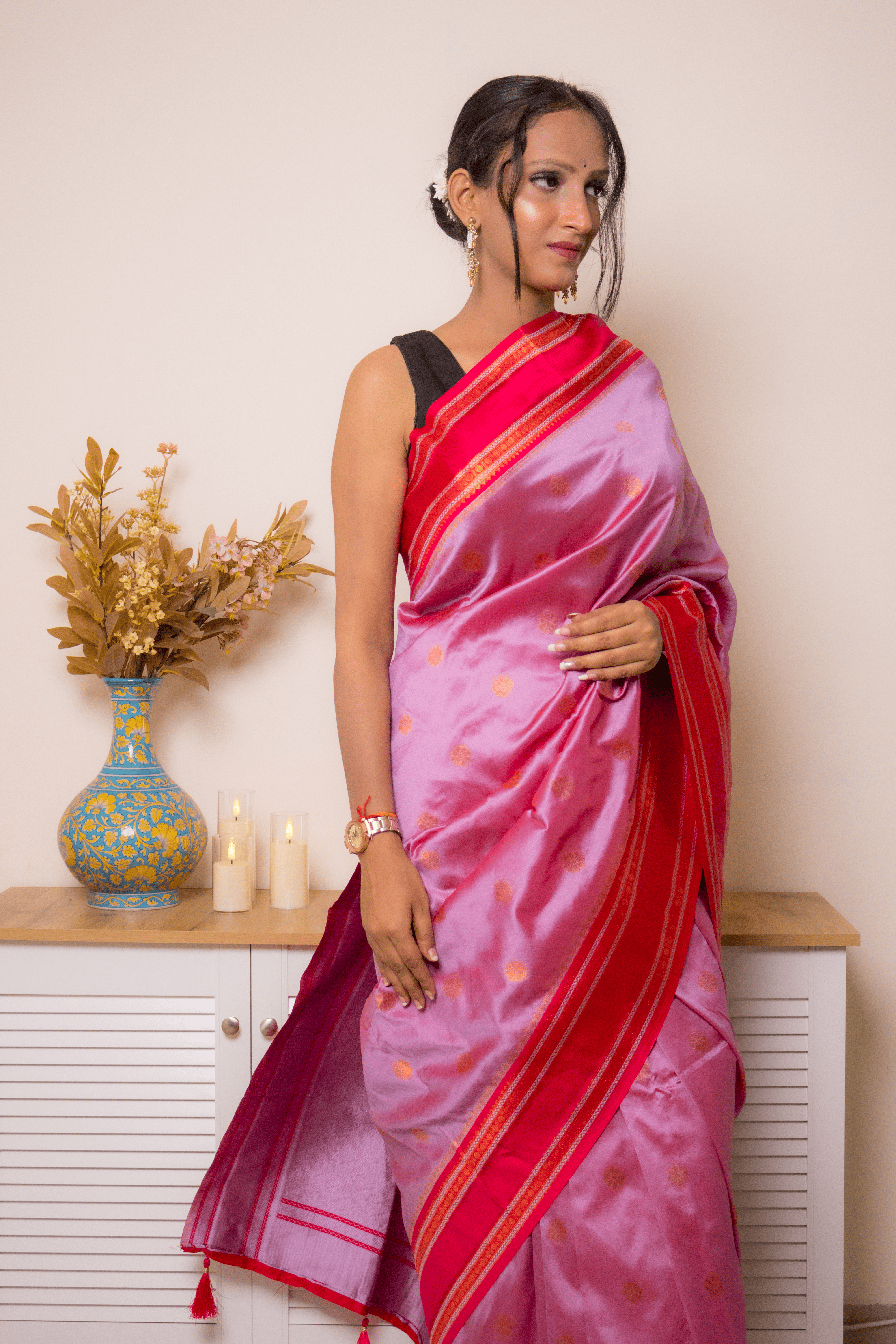 Rose-Lilac Paithani Silk Saree with Red Zari Border - IMG_1266