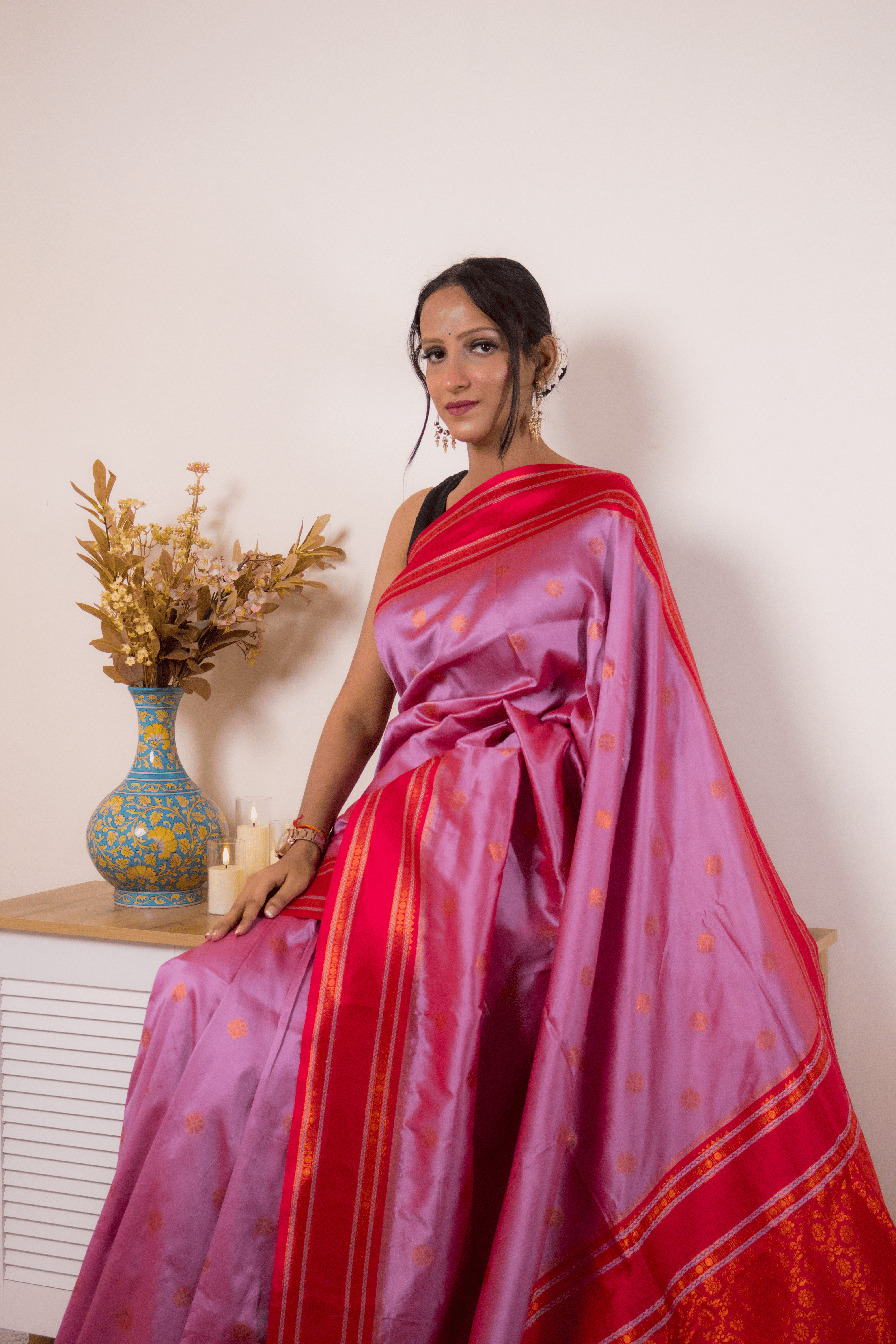 Rose-Lilac Paithani Silk Saree with Red Zari Border - IMG_1267
