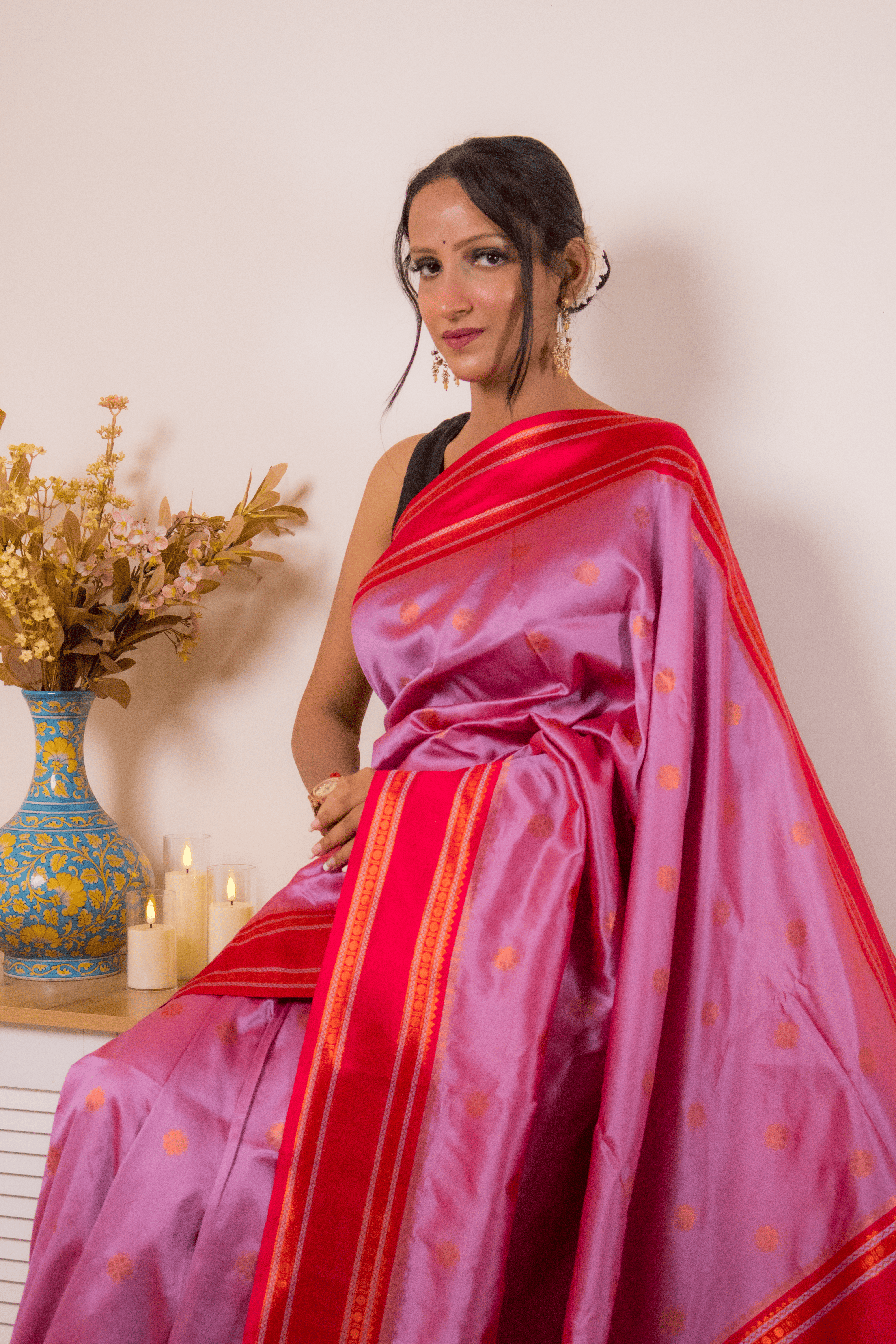Rose-Lilac Paithani Silk Saree with Red Zari Border - IMG_1268
