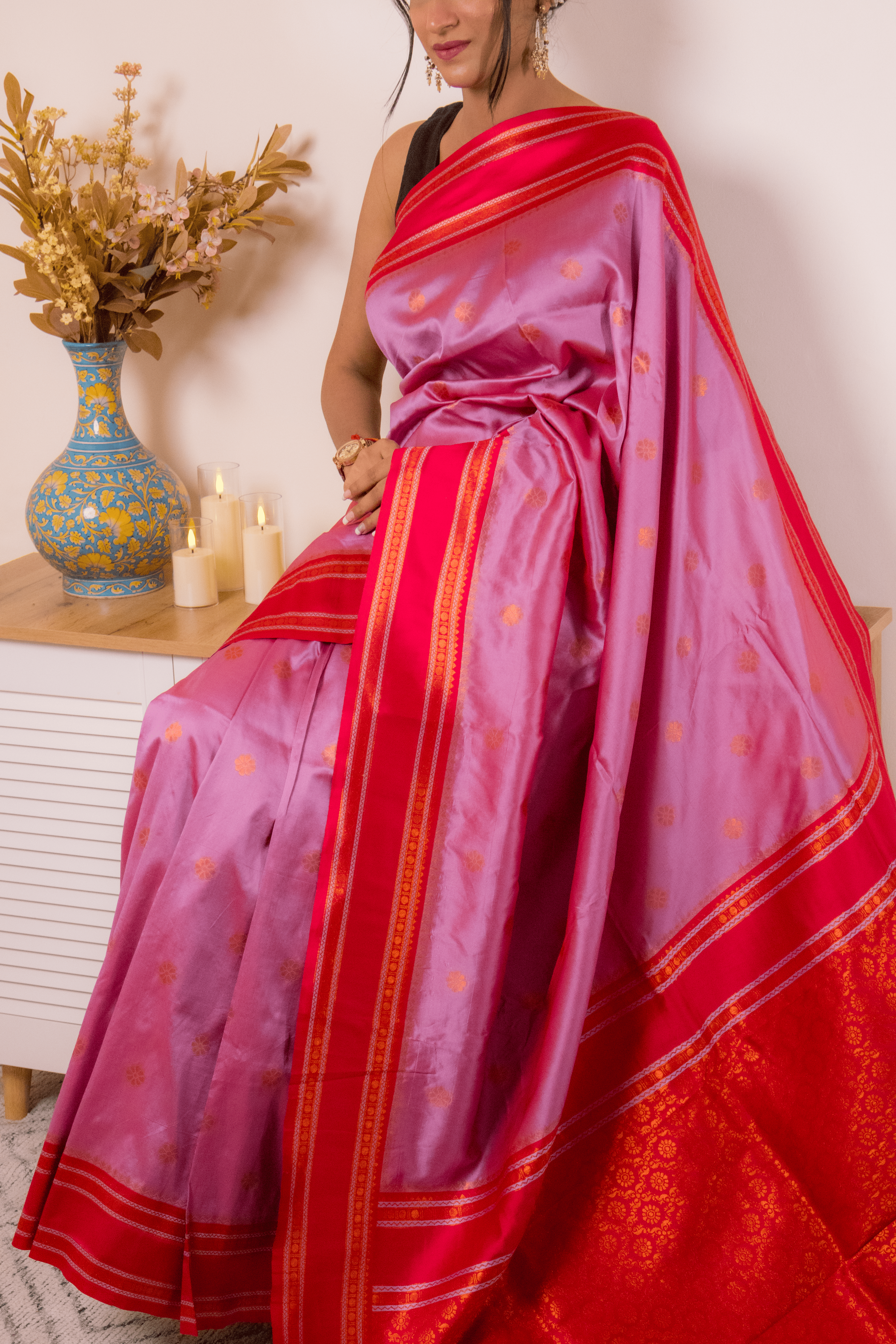 Rose-Lilac Paithani Silk Saree with Red Zari Border - IMG_1270