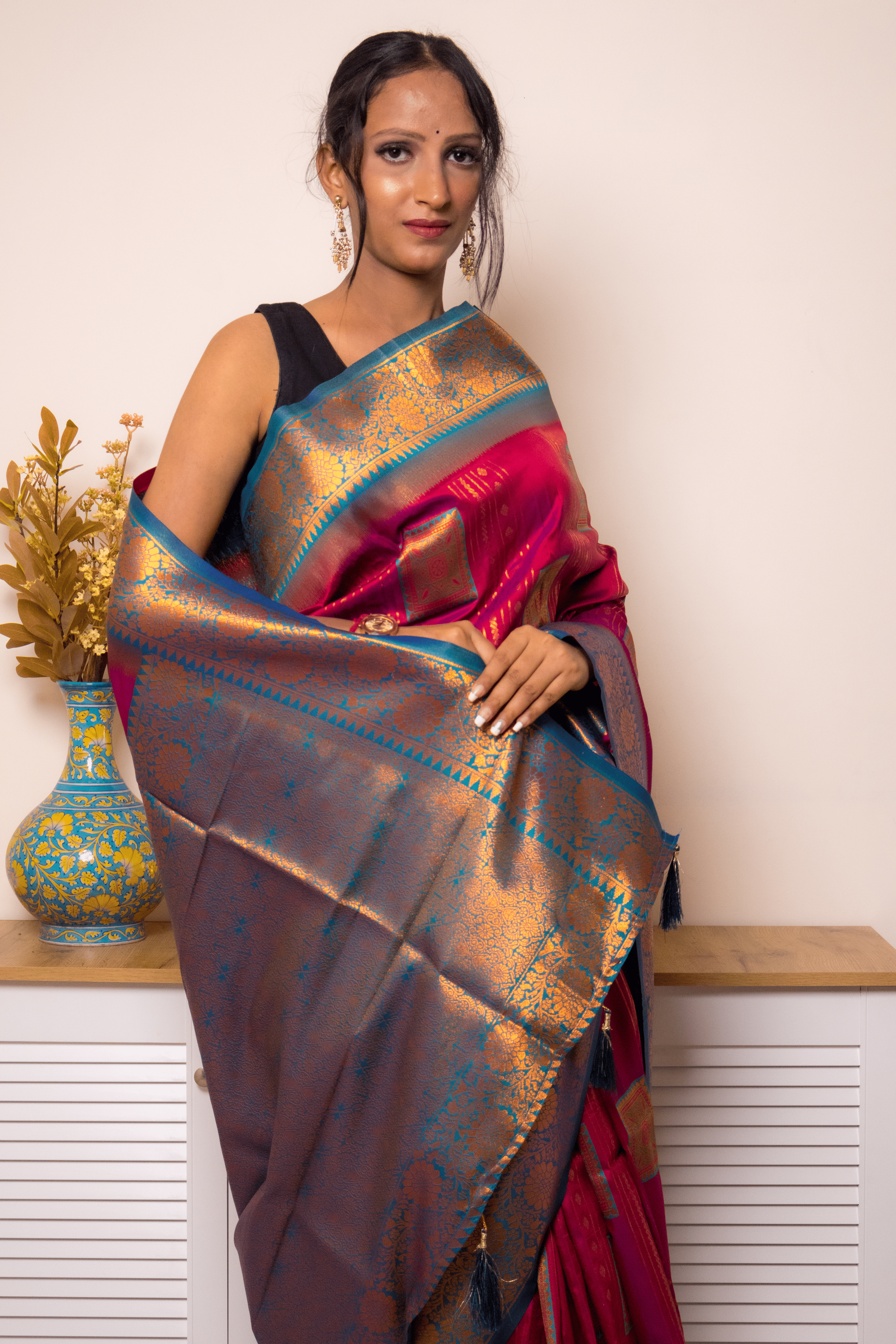 Fuchsia Paithani Silk Saree with Gold Zari Border - IMG_1289