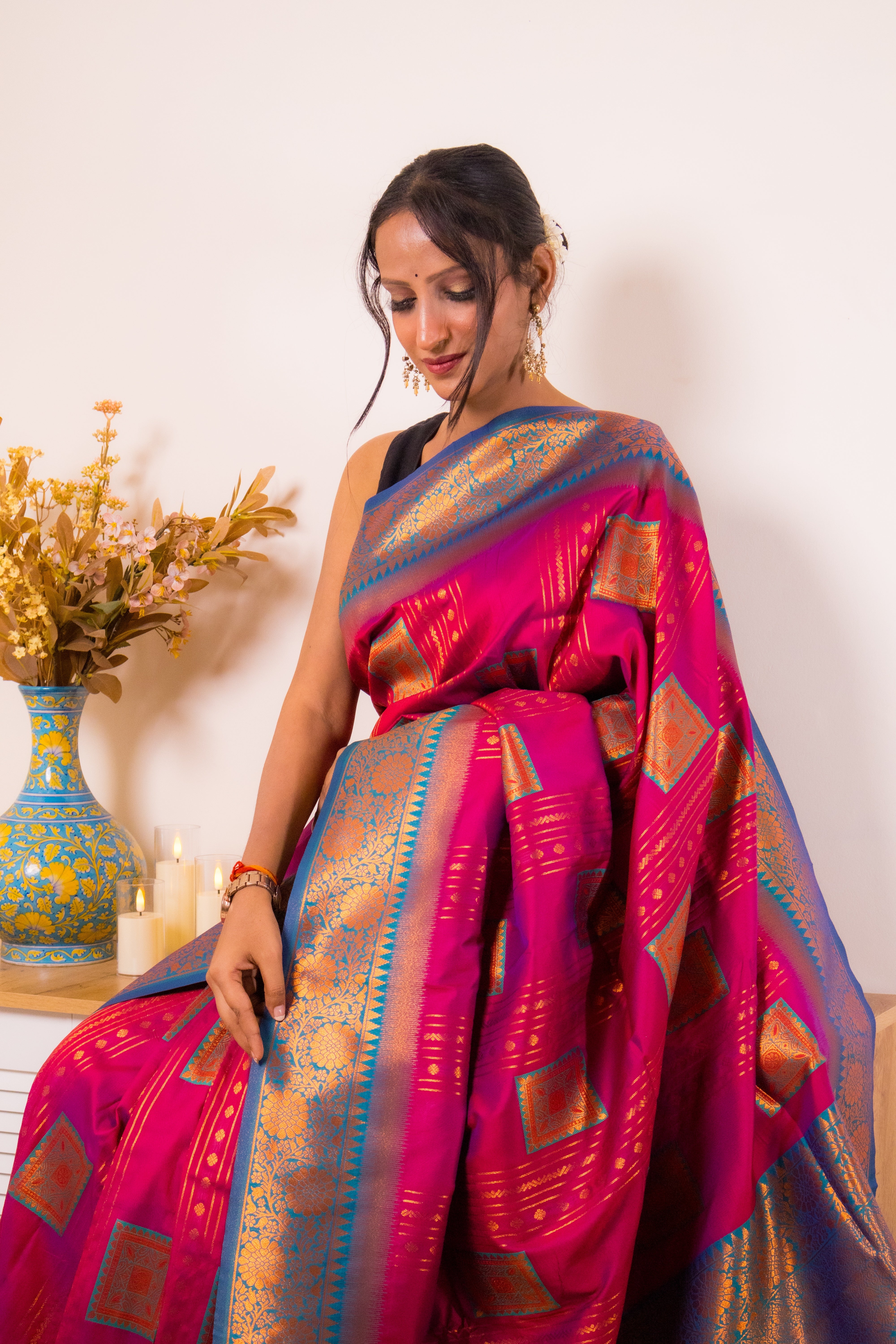 Fuchsia Paithani Silk Saree with Gold Zari Border - IMG_1294