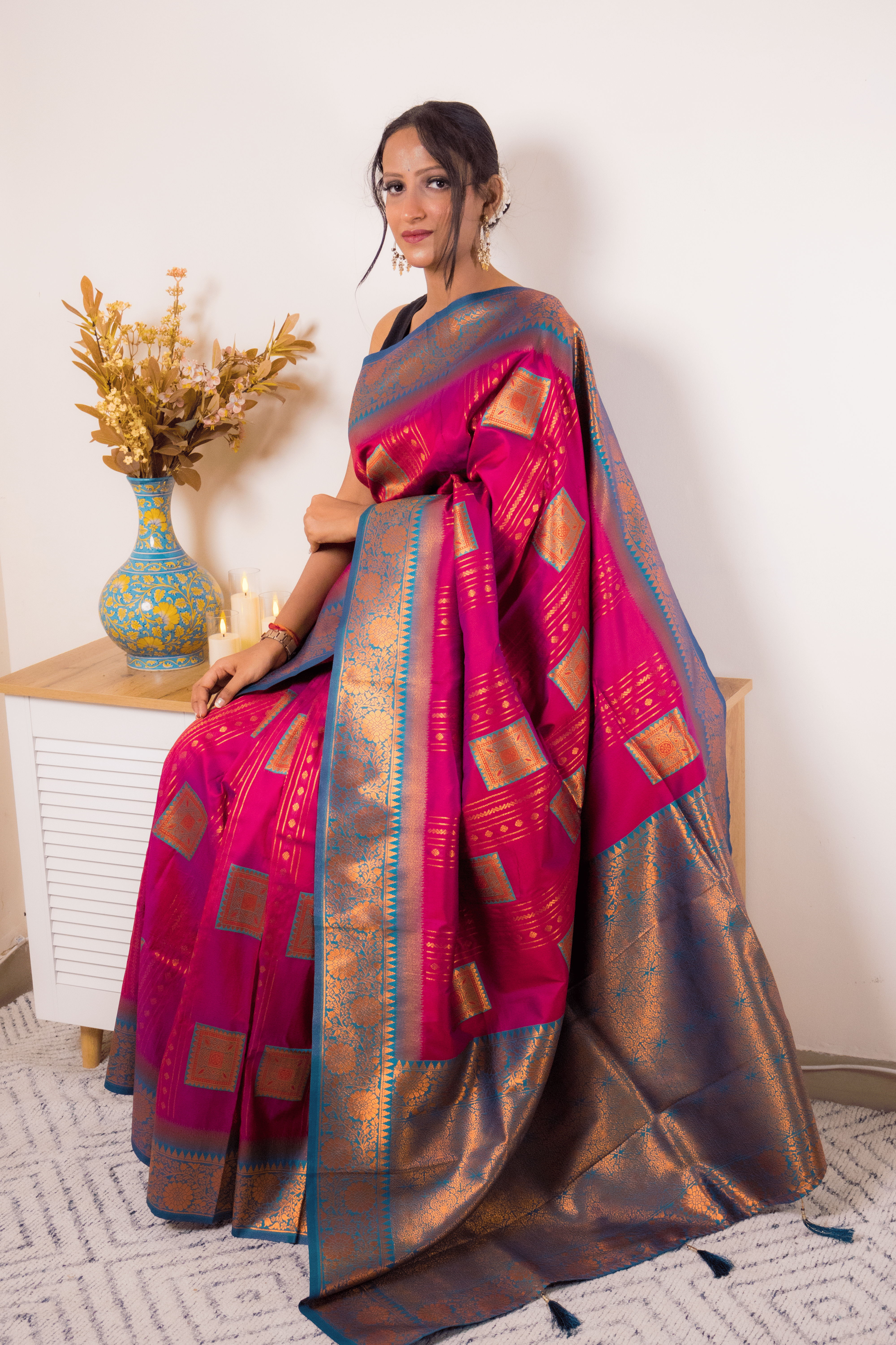 Fuchsia Paithani Silk Saree with Gold Zari Border - IMG_1295