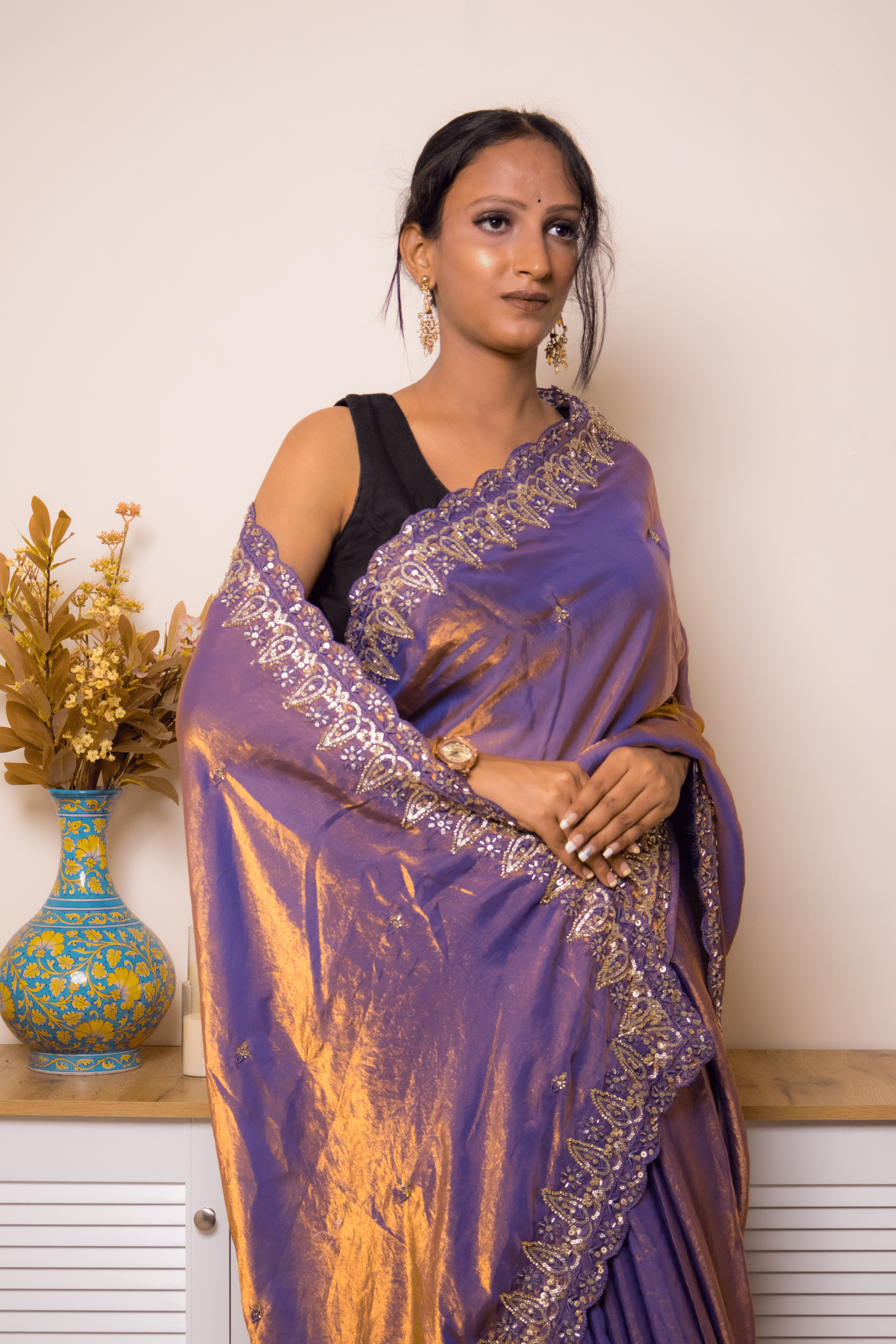 Royal Purple Banarasi Silk Saree with Gold Zari Border - IMG_1320