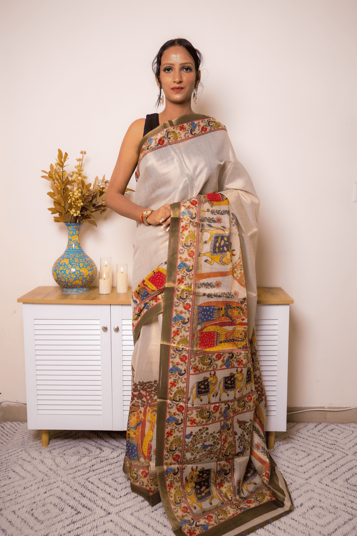 Cream Tussar Silk Kalamkari Saree with Olive Border - IMG_1329