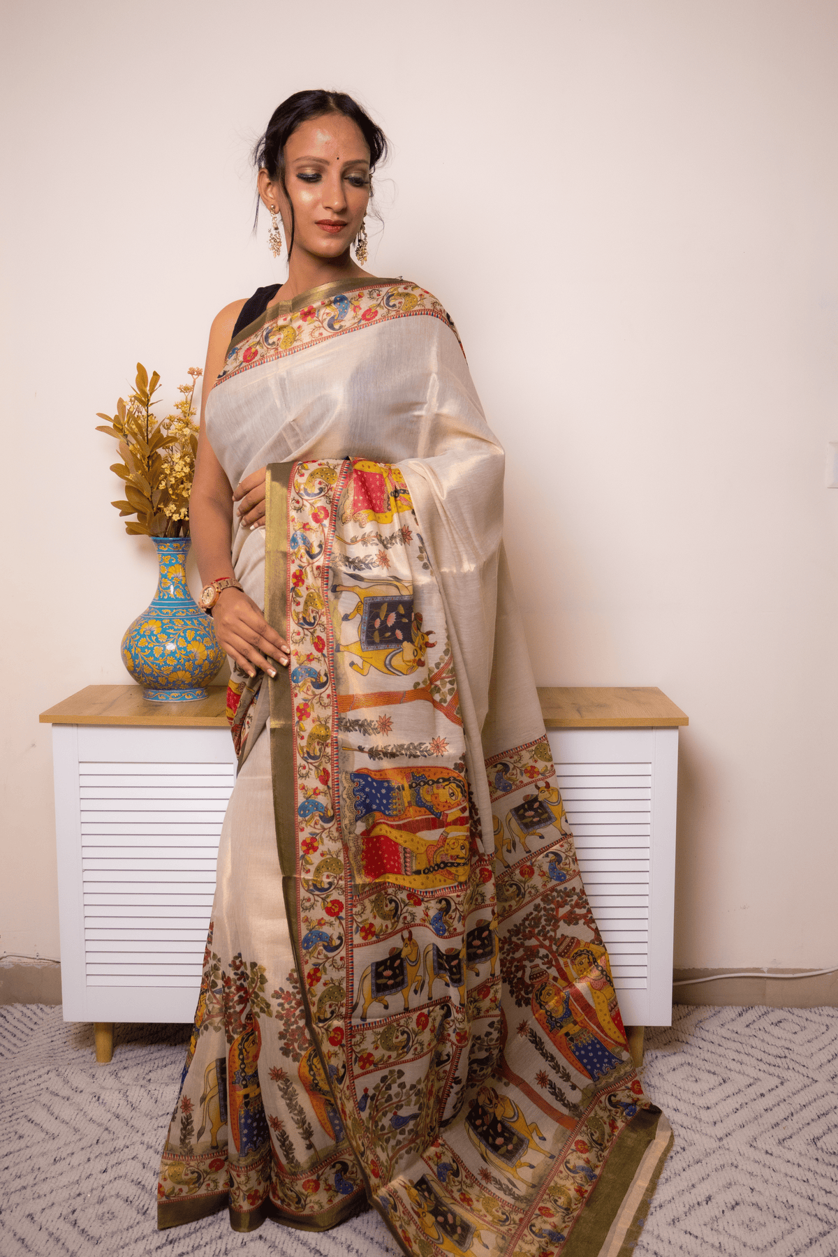 Cream Tussar Silk Kalamkari Saree with Olive Border - IMG_1333