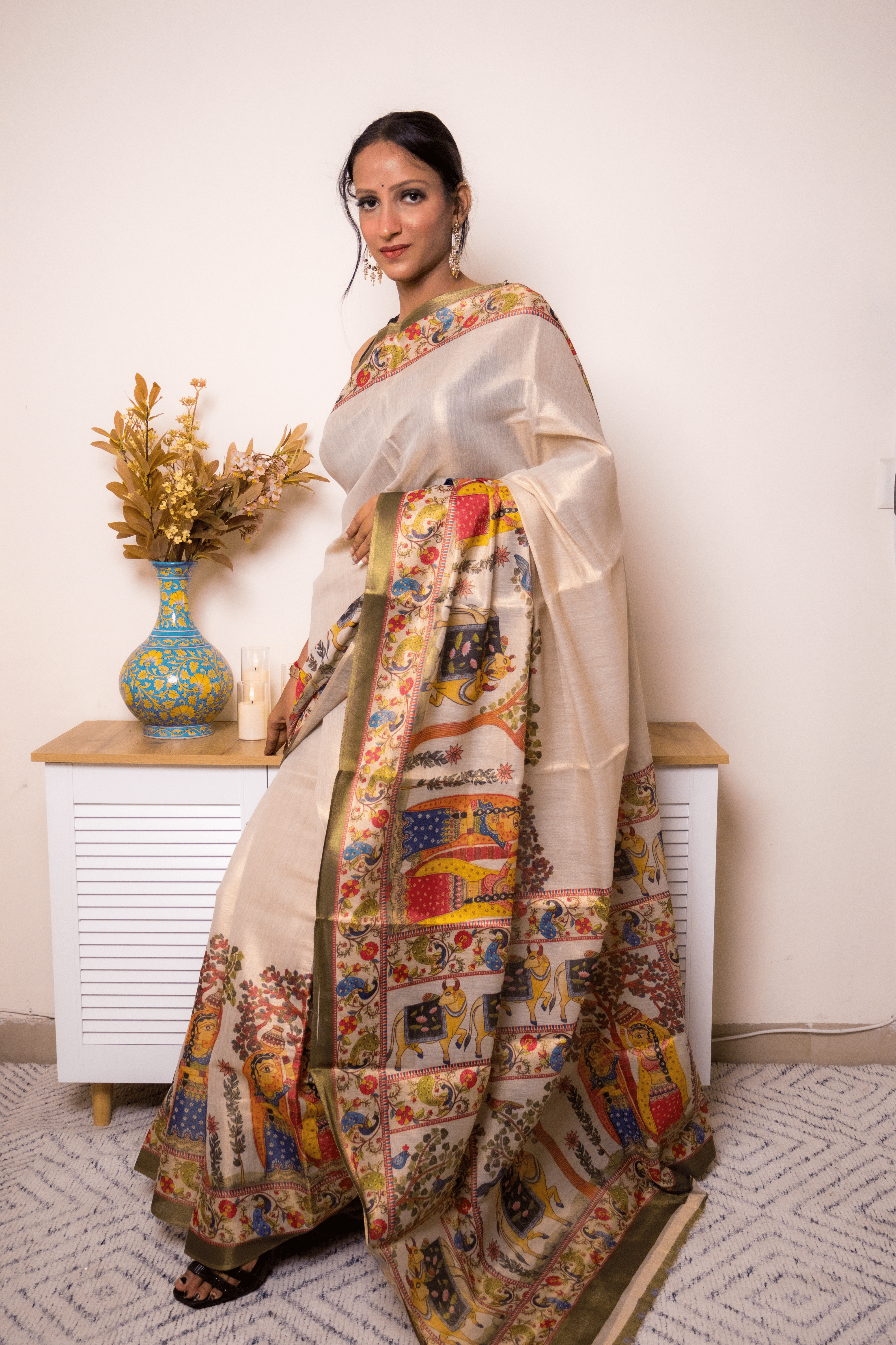 Cream Tussar Silk Kalamkari Saree with Olive Border - IMG_1335