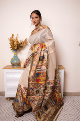 Cream Tussar Silk Kalamkari Saree with Olive Border - IMG_1335