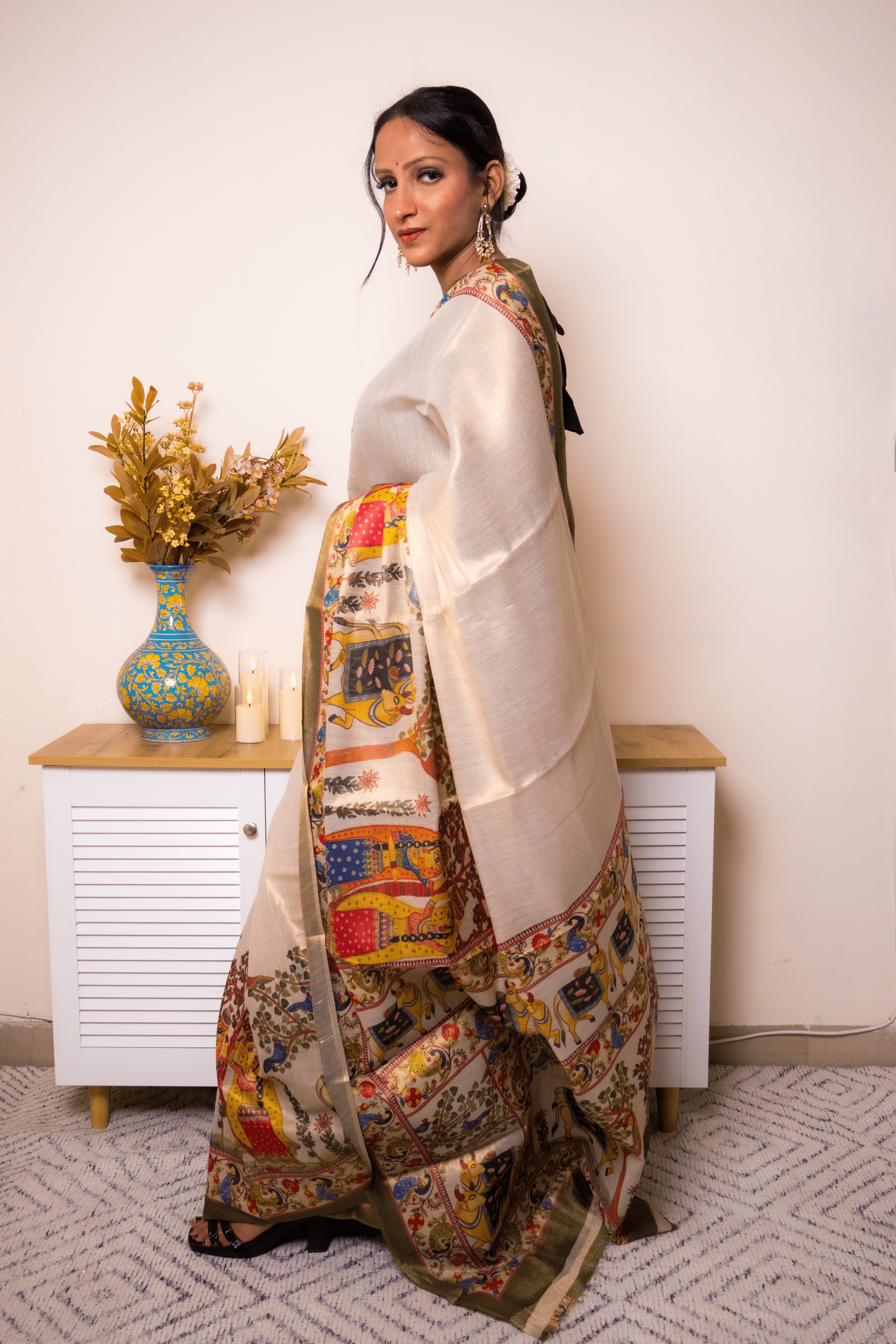 Cream Tussar Silk Kalamkari Saree with Olive Border - IMG_1336
