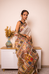 Cream Tussar Silk Kalamkari Saree with Olive Border - IMG_1340