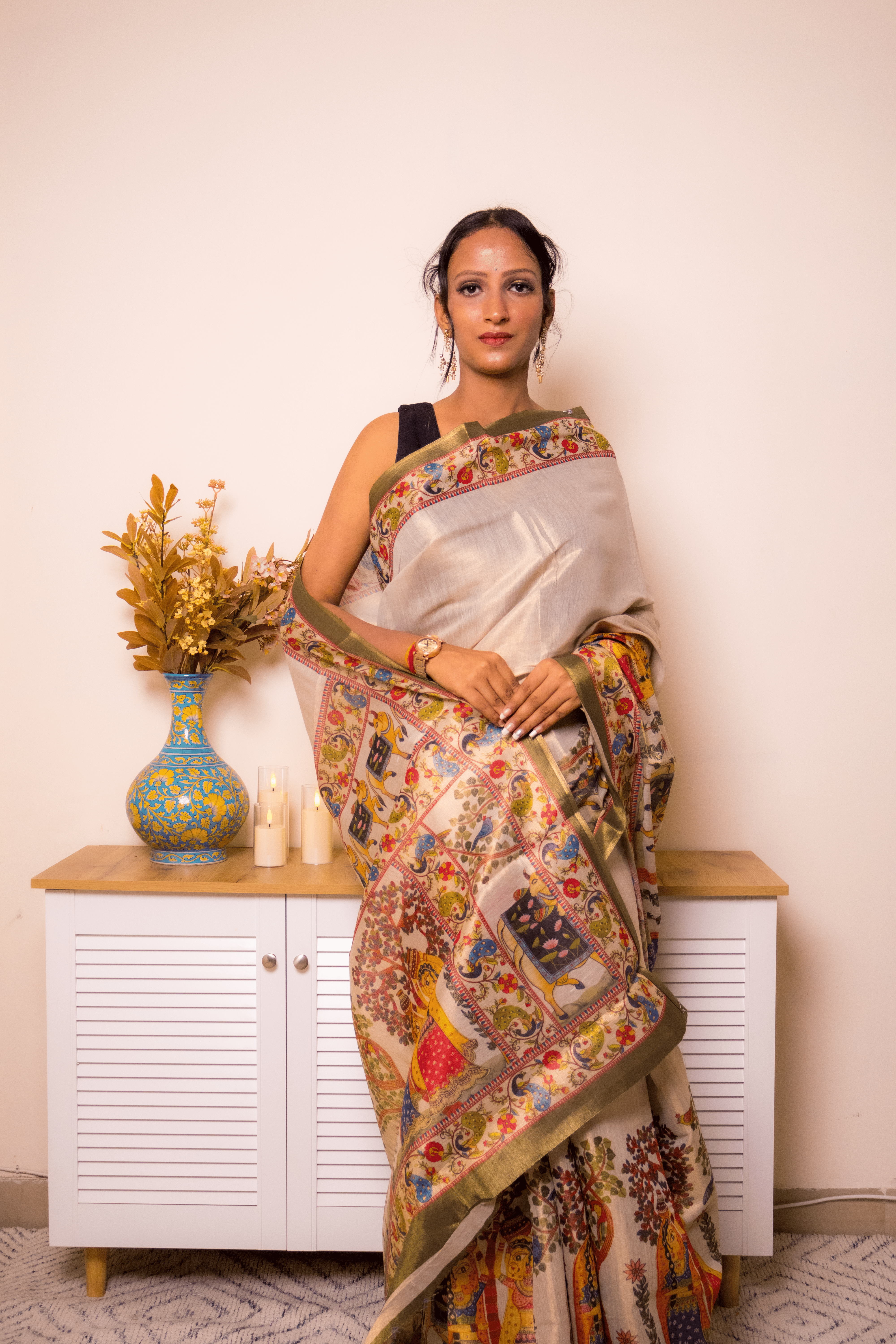 Cream Tussar Silk Kalamkari Saree with Olive Border - IMG_1341