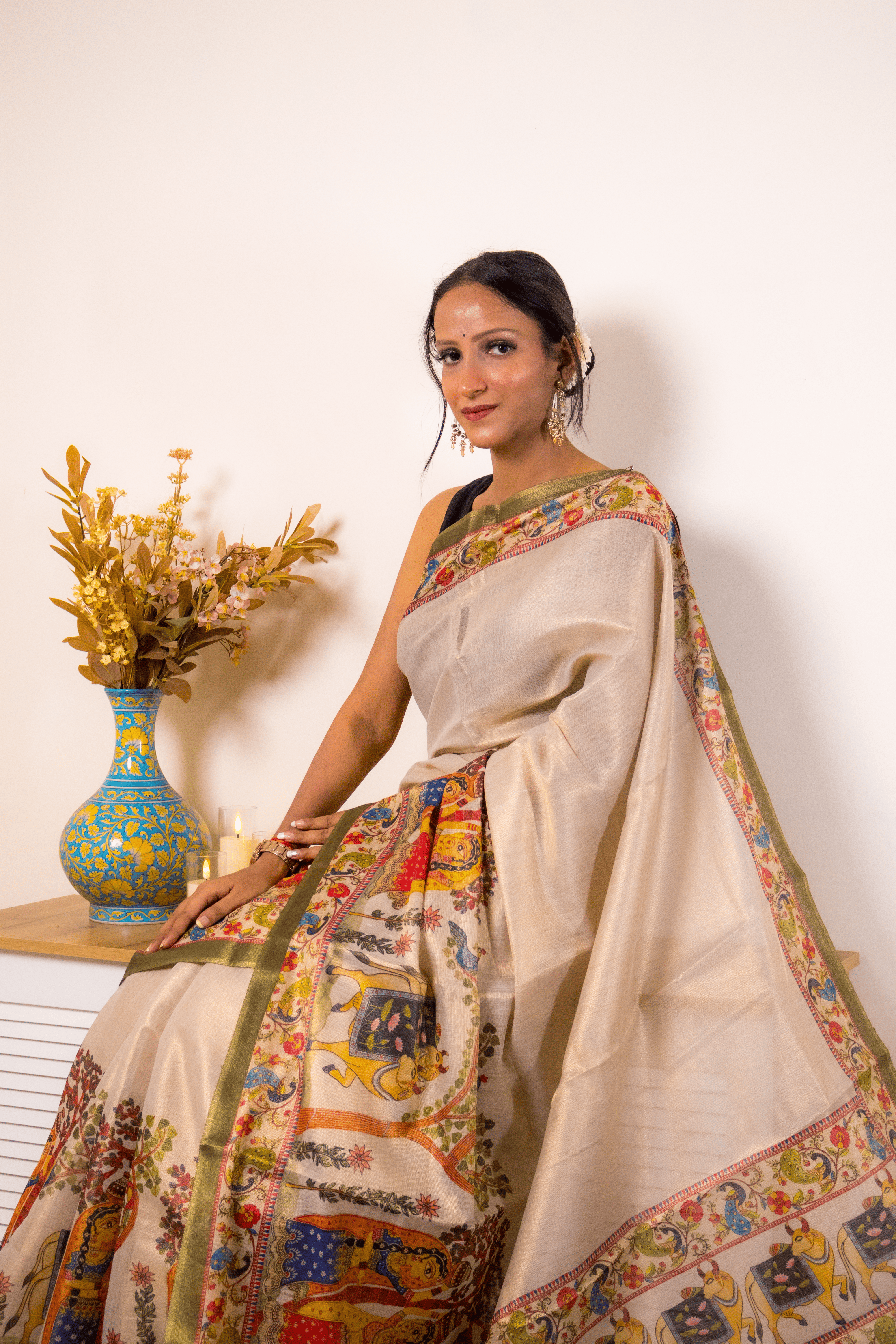 Cream Tussar Silk Kalamkari Saree with Olive Border - IMG_1343