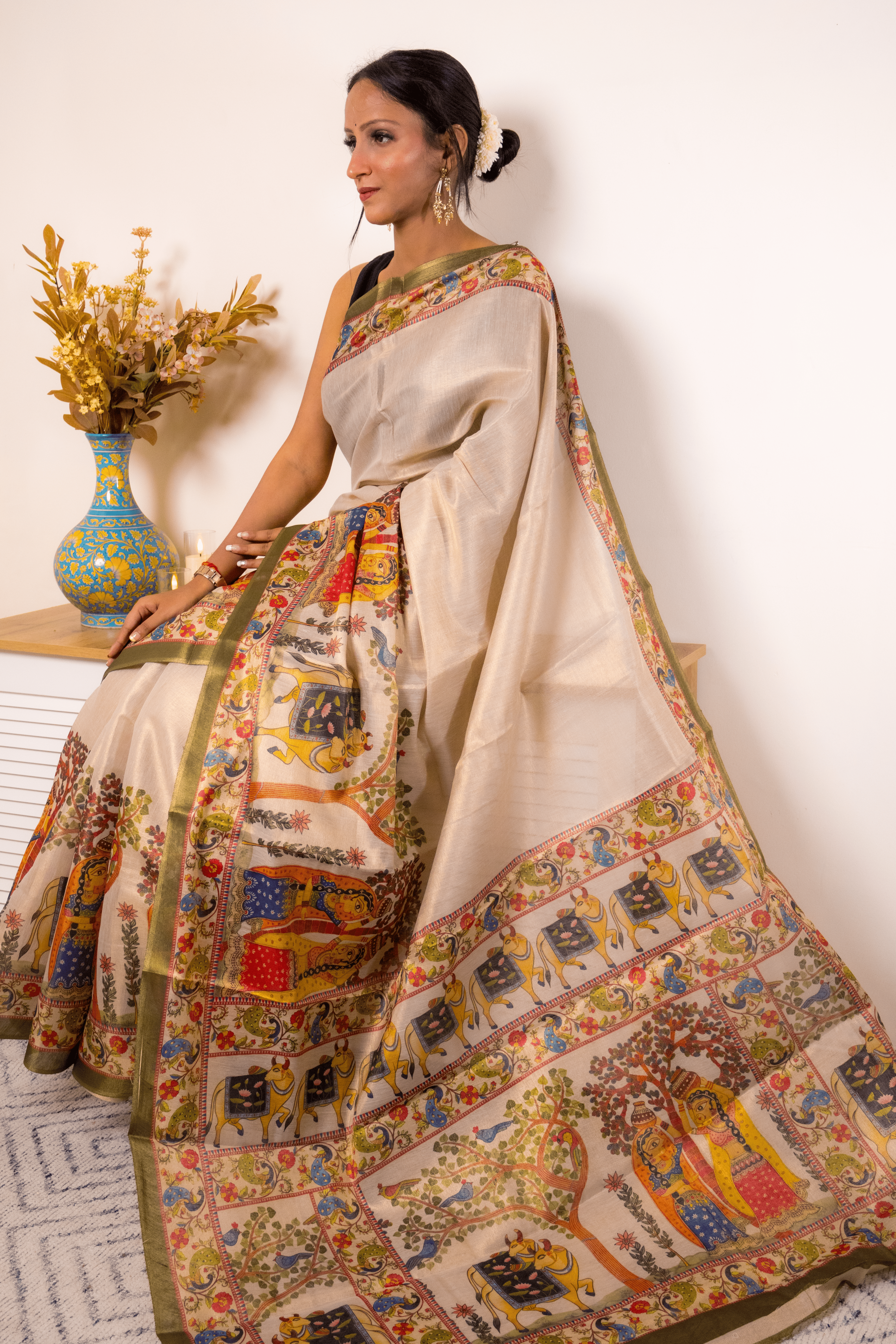 Cream Tussar Silk Kalamkari Saree with Olive Border - IMG_1344