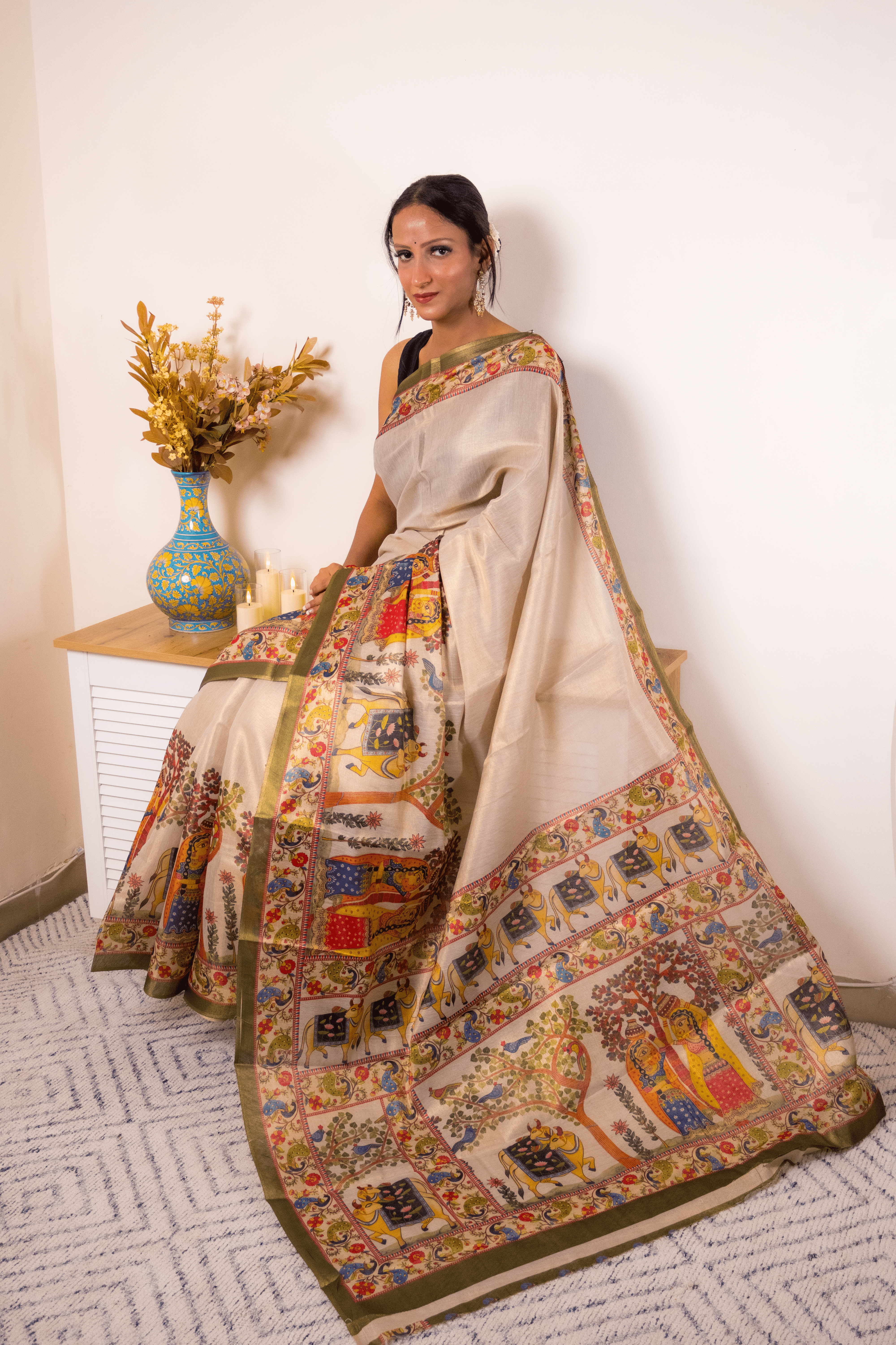 Cream Tussar Silk Kalamkari Saree with Olive Border - IMG_1345