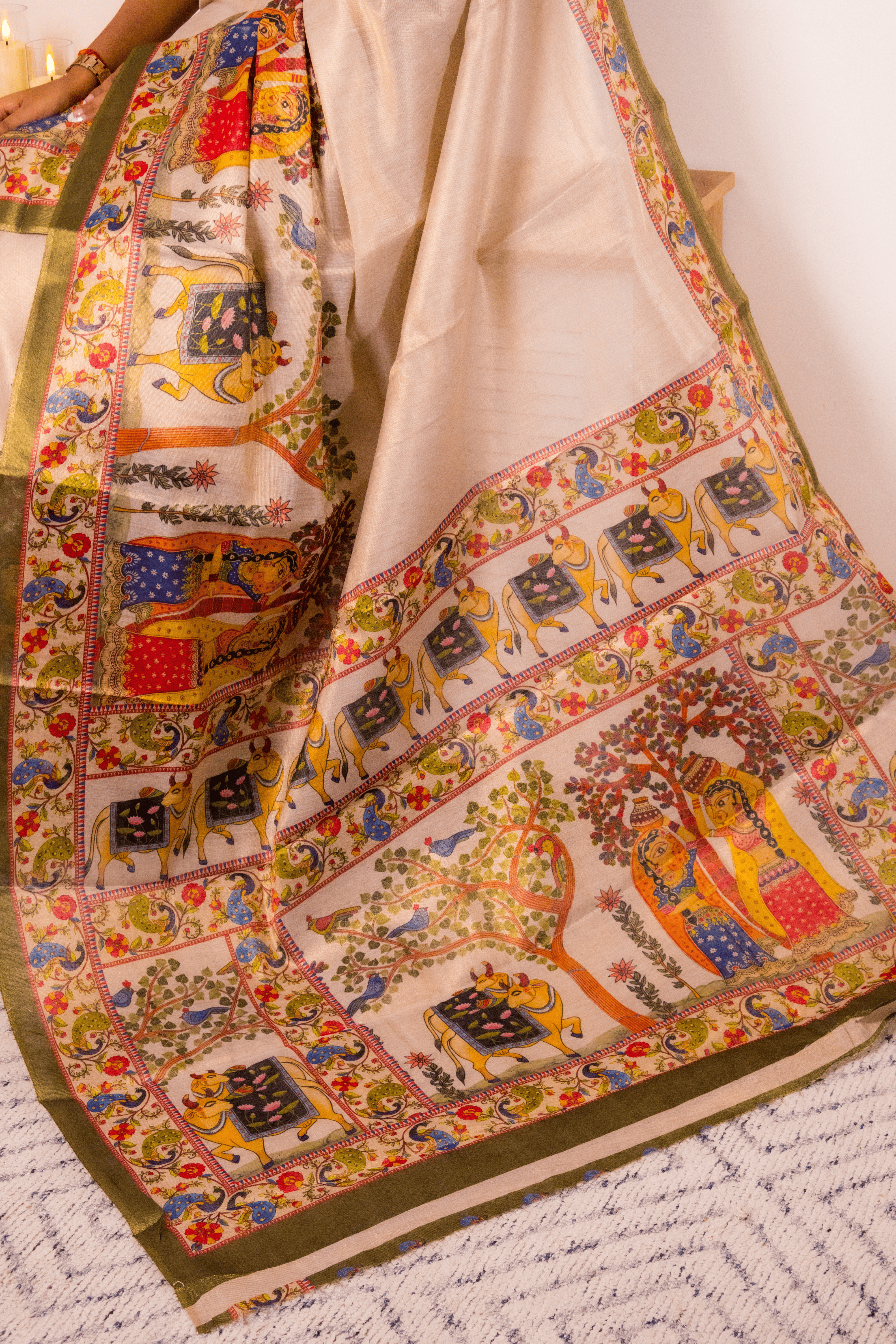 Cream Tussar Silk Kalamkari Saree with Olive Border - IMG_1346